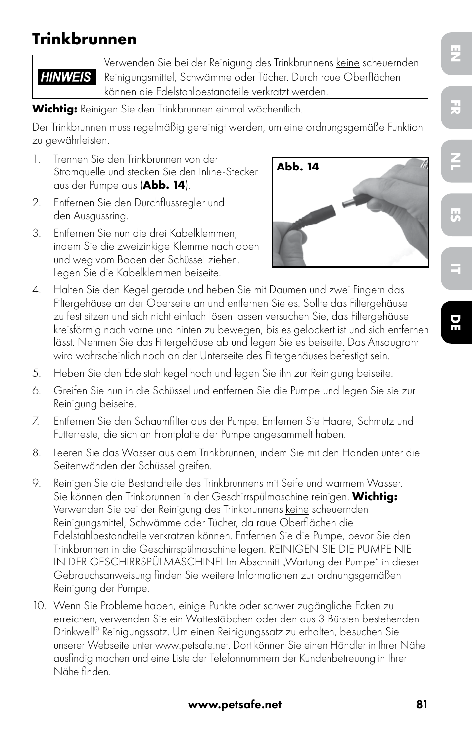 Trinkbrunnen, Fr es de en nl it | Petsafe Drinkwell® 360 Stainless Steel Pet Fountain User Manual | Page 81 / 88