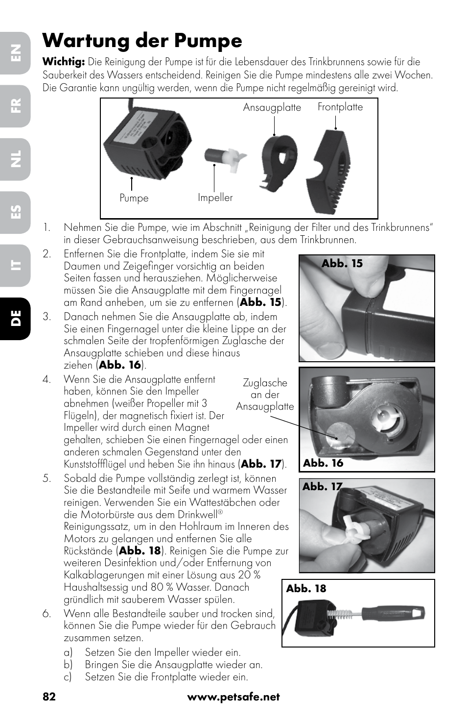Wartung der pumpe, En nl it fr es de | Petsafe Drinkwell® 360 Stainless Steel Pet Fountain User Manual | Page 82 / 88