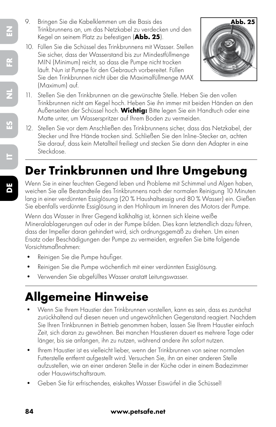 Der trinkbrunnen und ihre umgebung, Allgemeine hinweise | Petsafe Drinkwell® 360 Stainless Steel Pet Fountain User Manual | Page 84 / 88