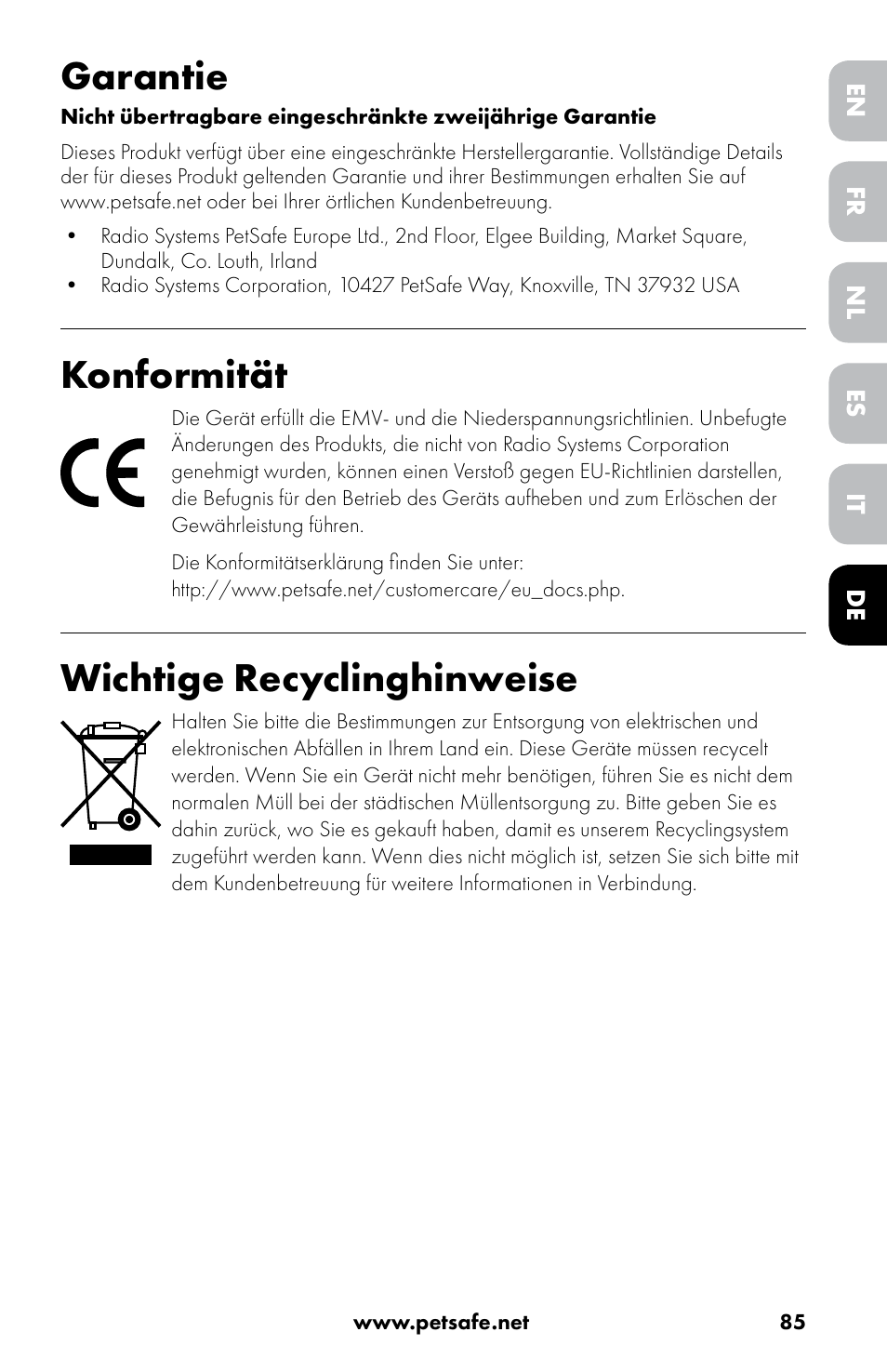 Garantie, Konformität, Wichtige recyclinghinweise | Petsafe Drinkwell® 360 Stainless Steel Pet Fountain User Manual | Page 85 / 88
