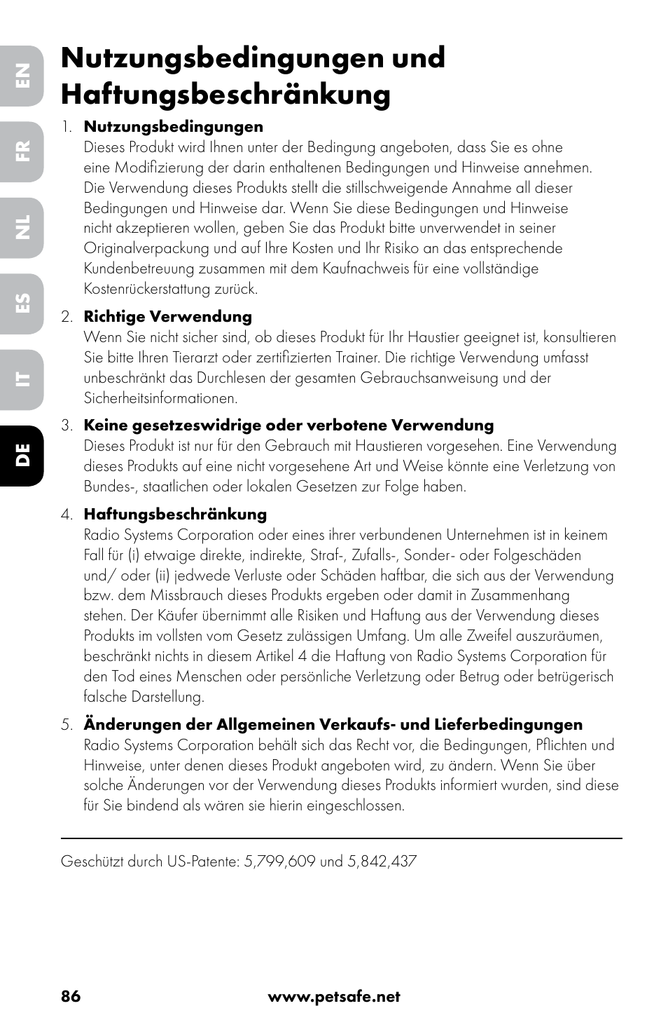 Nutzungsbedingungen und haftungsbeschränkung | Petsafe Drinkwell® 360 Stainless Steel Pet Fountain User Manual | Page 86 / 88