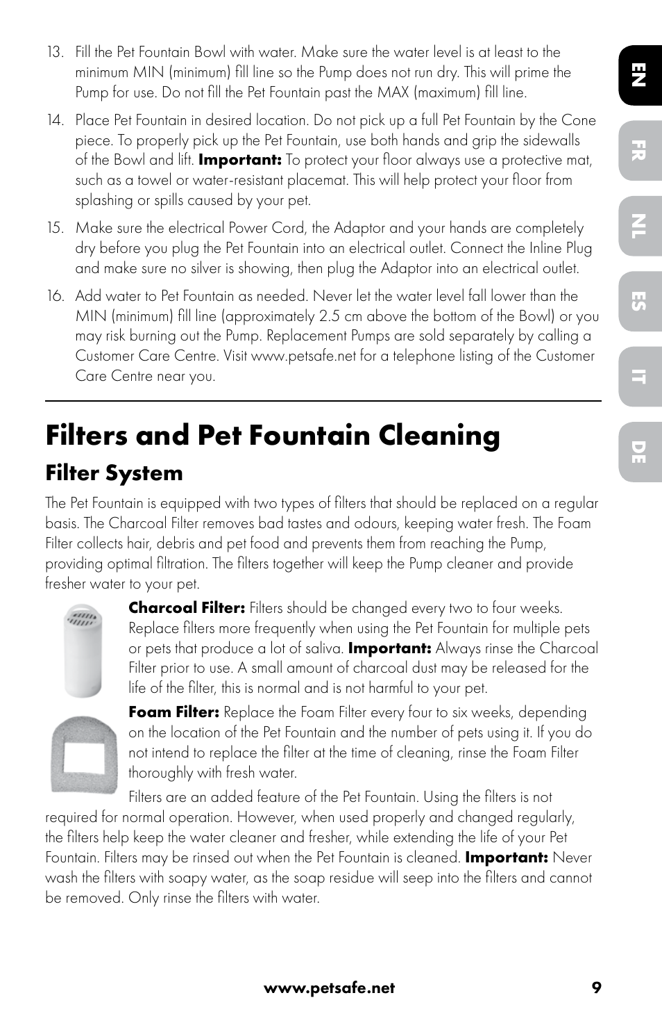 Filters and pet fountain cleaning, Filter system | Petsafe Drinkwell® 360 Stainless Steel Pet Fountain User Manual | Page 9 / 88