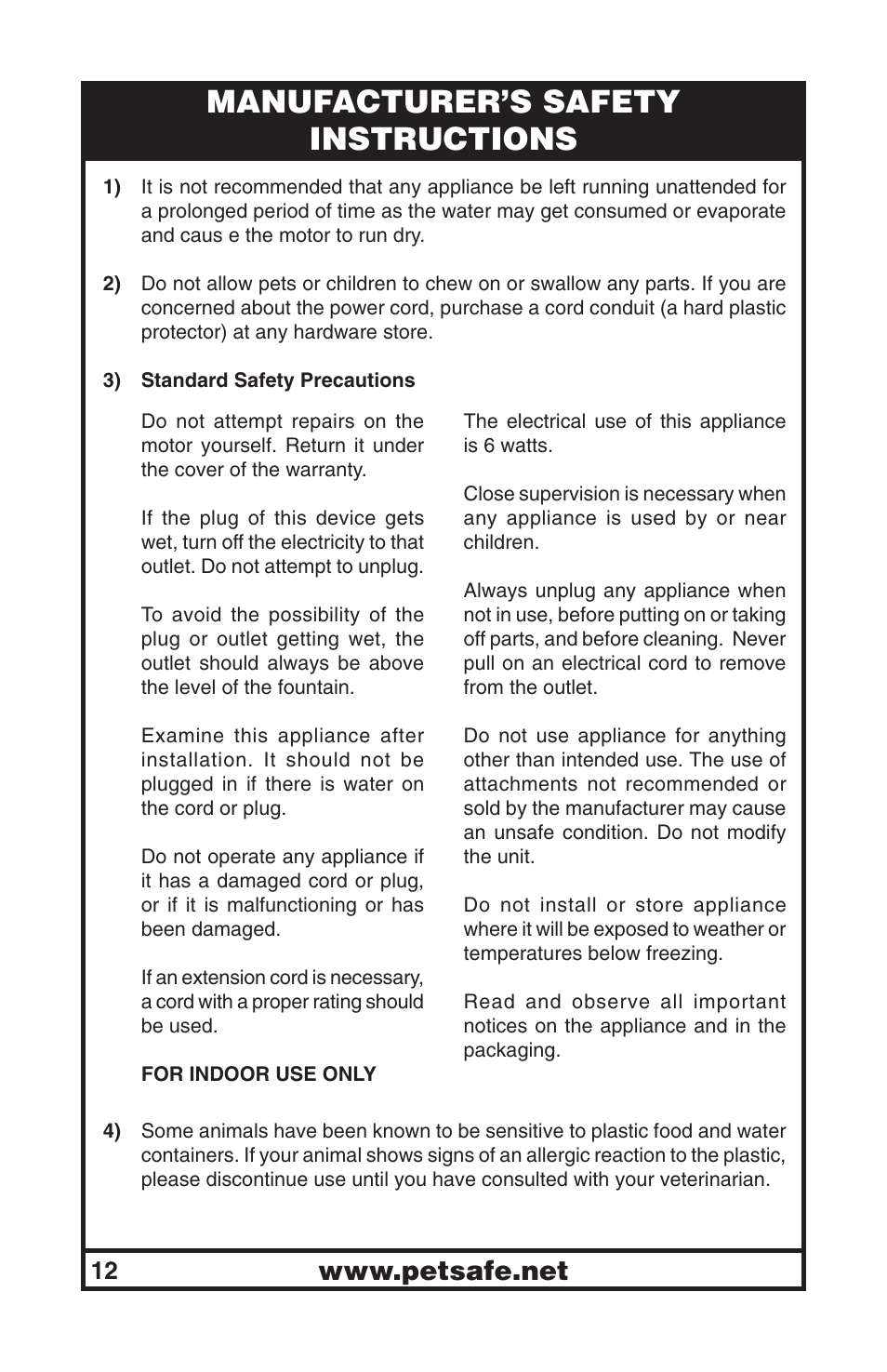 Manufacturer’s safety instructions | Petsafe Drinkwell® Big Dog Pet Fountain User Manual | Page 12 / 67
