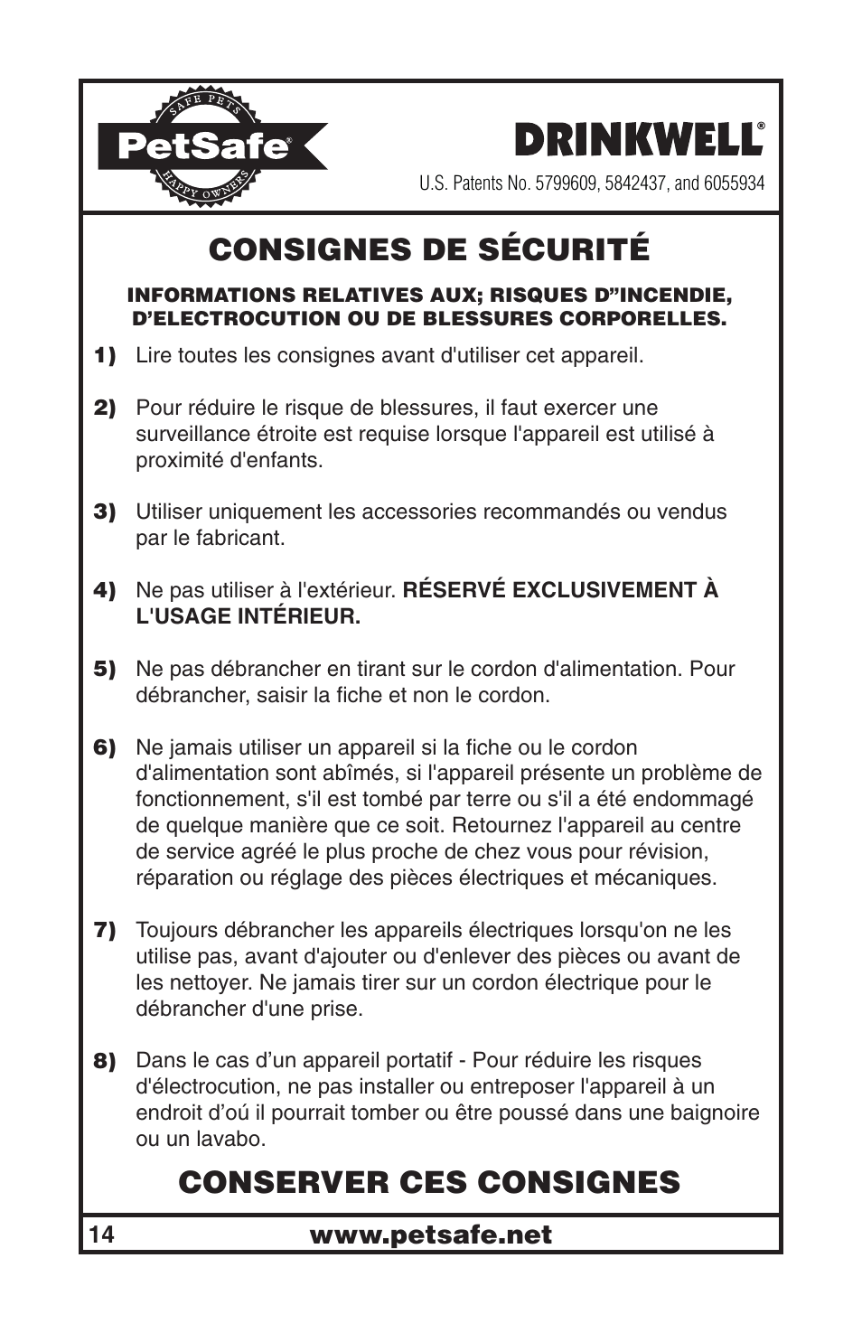 Consignes de sécurité, Conserver ces consignes | Petsafe Drinkwell® Big Dog Pet Fountain User Manual | Page 14 / 67