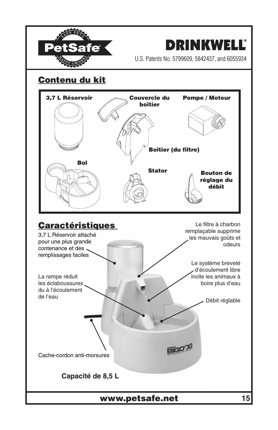 Contenu du kit, Caractéristiques | Petsafe Drinkwell® Big Dog Pet Fountain User Manual | Page 15 / 67
