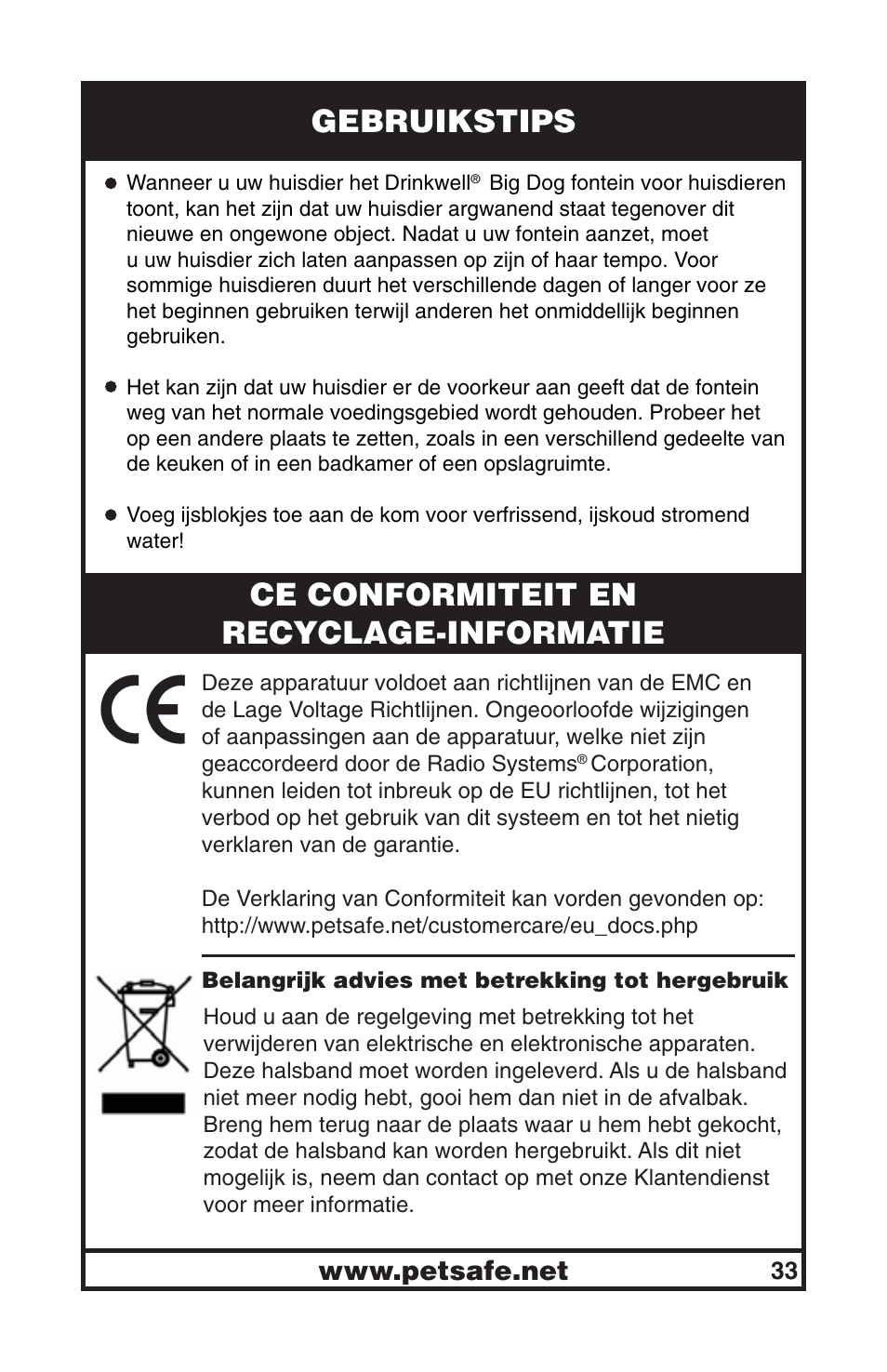 Gebruikstips, Ce conformiteit en recyclage-informatie | Petsafe Drinkwell® Big Dog Pet Fountain User Manual | Page 33 / 67