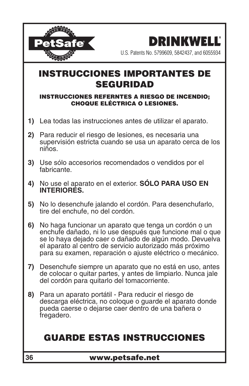 Instrucciones importantes de seguridad, Guarde estas instrucciones | Petsafe Drinkwell® Big Dog Pet Fountain User Manual | Page 36 / 67