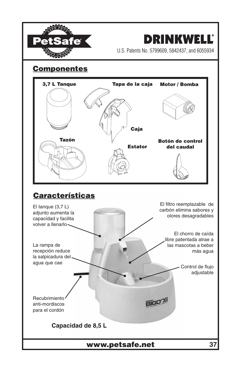 Componentes características | Petsafe Drinkwell® Big Dog Pet Fountain User Manual | Page 37 / 67