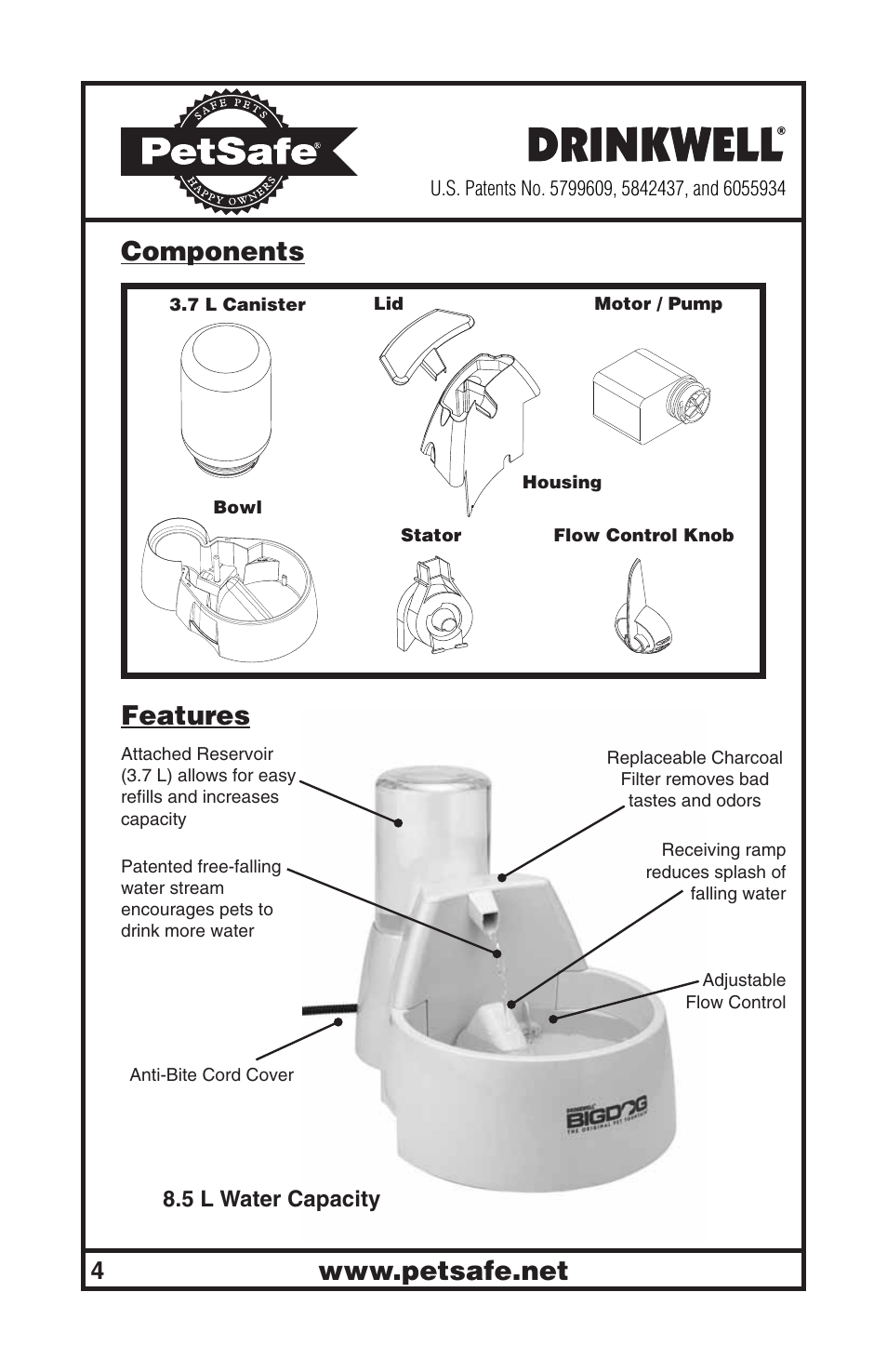Components, Features | Petsafe Drinkwell® Big Dog Pet Fountain User Manual | Page 4 / 67
