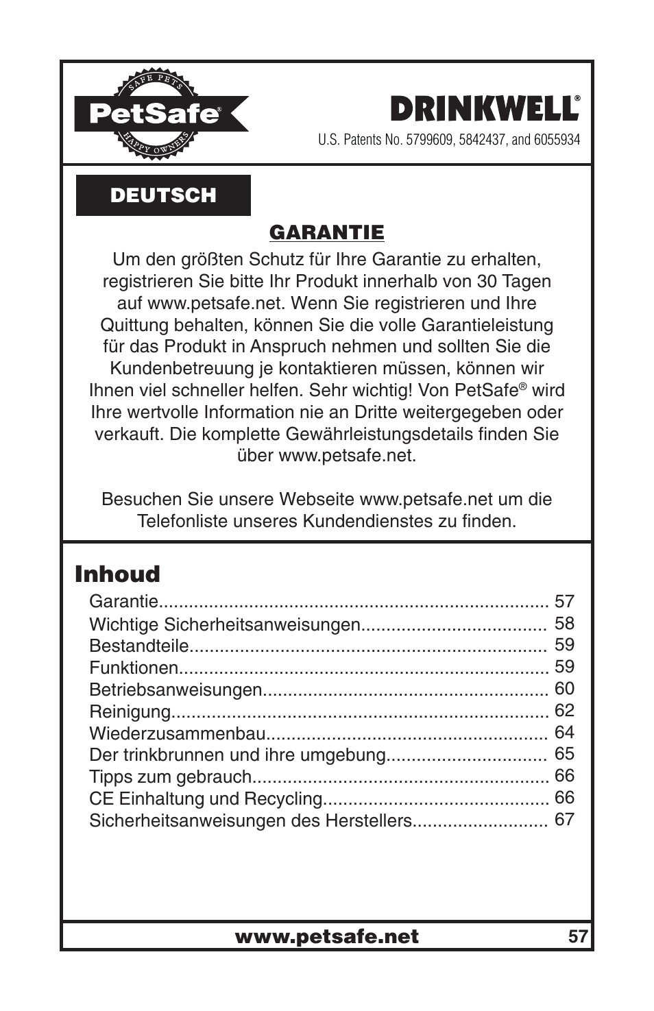 Inhoud | Petsafe Drinkwell® Big Dog Pet Fountain User Manual | Page 57 / 67