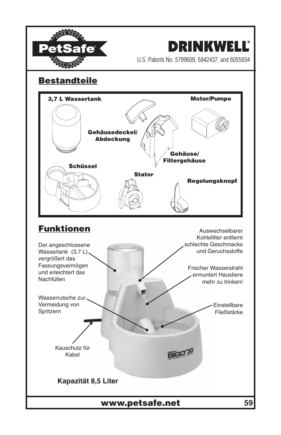 Bestandteile funktionen | Petsafe Drinkwell® Big Dog Pet Fountain User Manual | Page 59 / 67