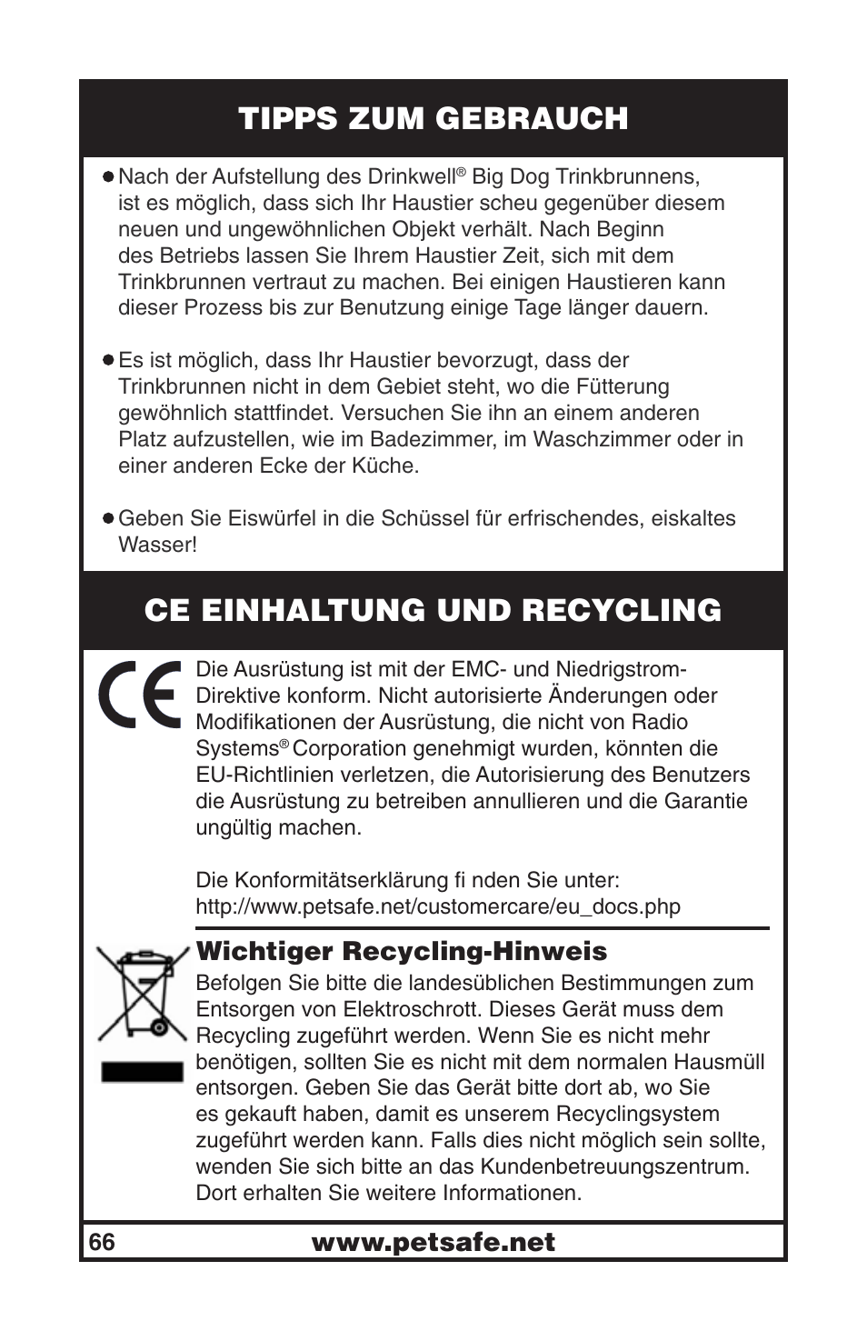 Tipps zum gebrauch, Ce einhaltung und recycling | Petsafe Drinkwell® Big Dog Pet Fountain User Manual | Page 66 / 67