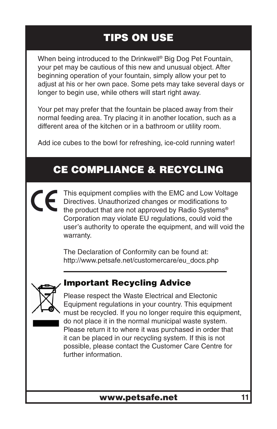 Tips on use, Ce compliance & recycling | Petsafe Drinkwell® Big Dog Pet Fountain User Manual | Page 11 / 12