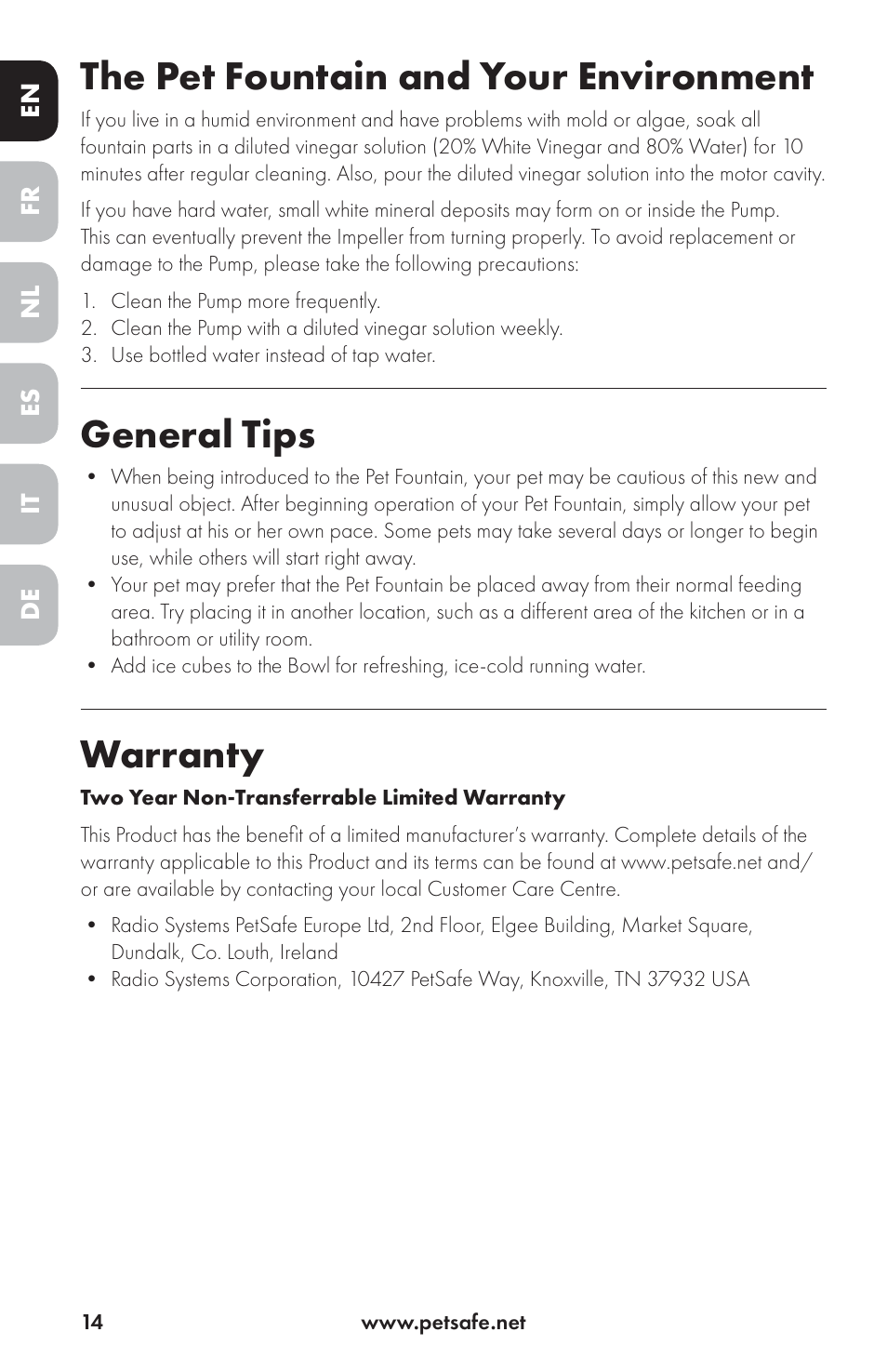 The pet fountain and your environment, General tips, Warranty | Petsafe Drinkwell® Ceramic Avalon Pet Fountain User Manual | Page 14 / 96