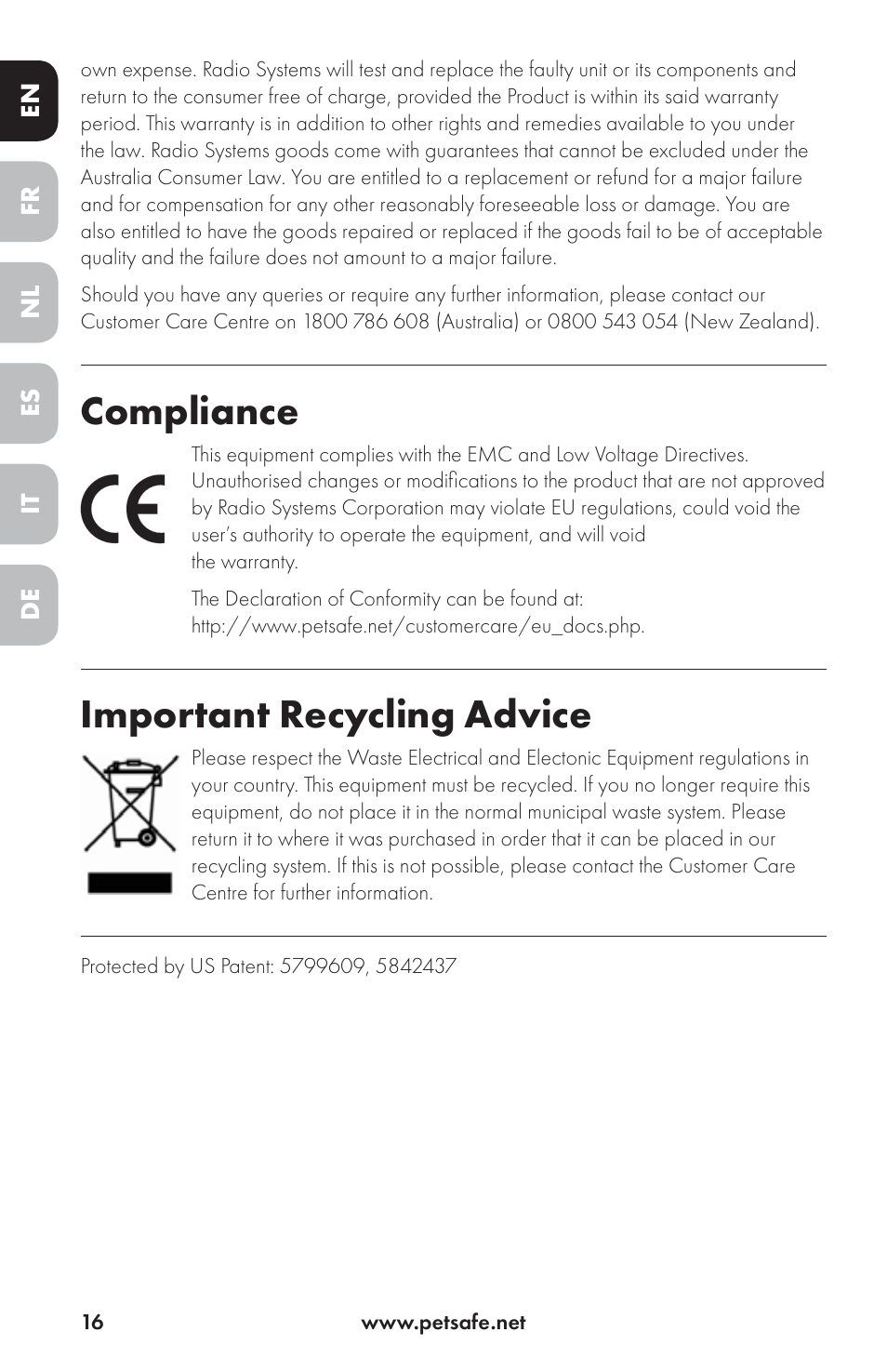 Compliance, Important recycling advice | Petsafe Drinkwell® Ceramic Avalon Pet Fountain User Manual | Page 16 / 96