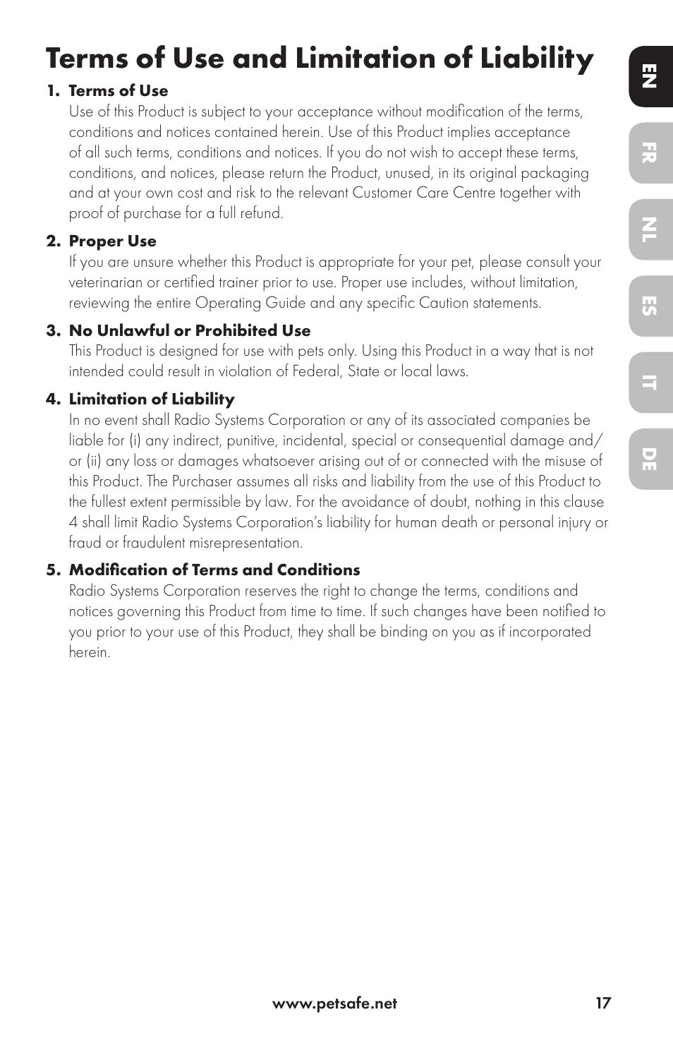 Terms of use and limitation of liability | Petsafe Drinkwell® Ceramic Avalon Pet Fountain User Manual | Page 17 / 96