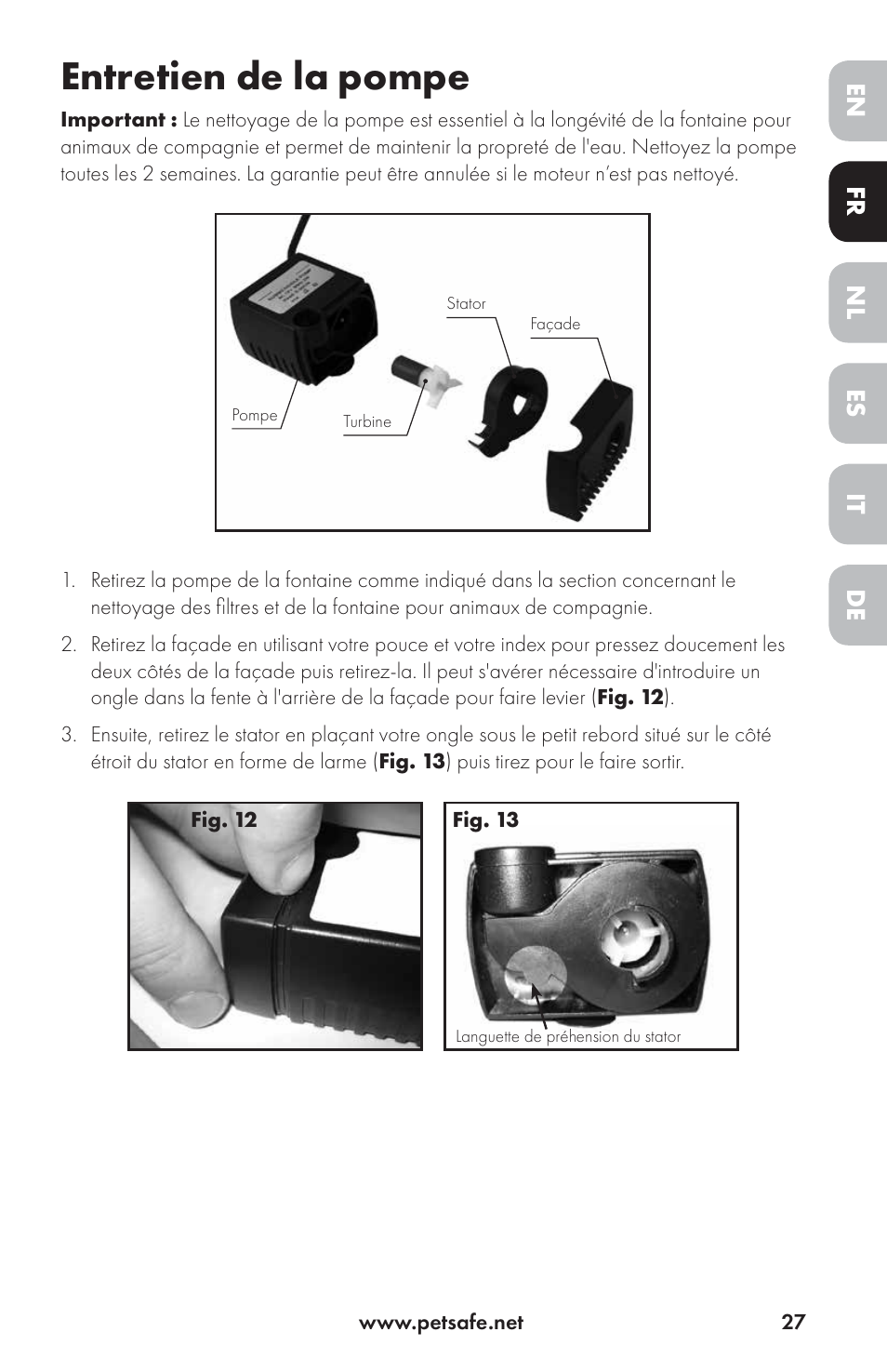 Entretien de la pompe | Petsafe Drinkwell® Ceramic Avalon Pet Fountain User Manual | Page 27 / 96