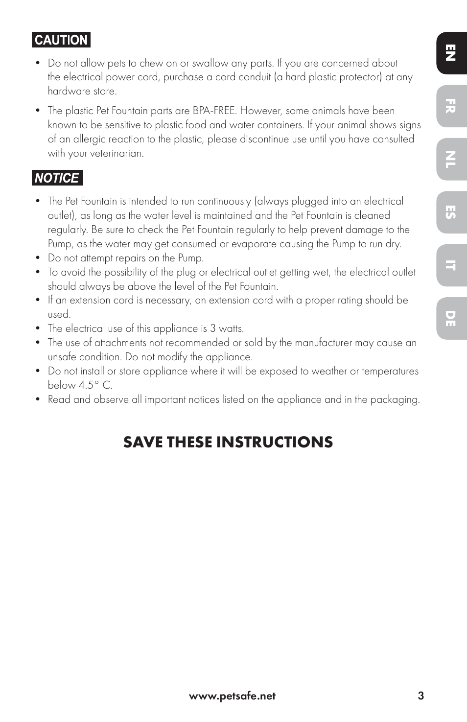 Save these instructions | Petsafe Drinkwell® Ceramic Avalon Pet Fountain User Manual | Page 3 / 96