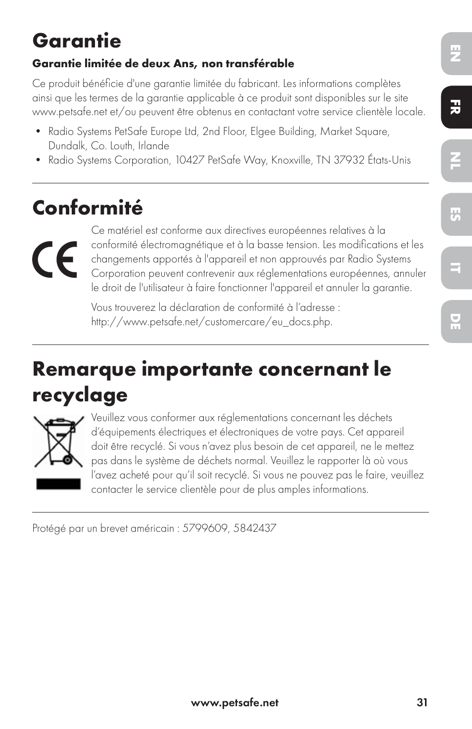 Garantie, Conformité, Remarque importante concernant le recyclage | Petsafe Drinkwell® Ceramic Avalon Pet Fountain User Manual | Page 31 / 96