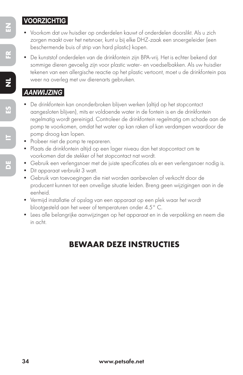 Bewaar deze instructies | Petsafe Drinkwell® Ceramic Avalon Pet Fountain User Manual | Page 34 / 96