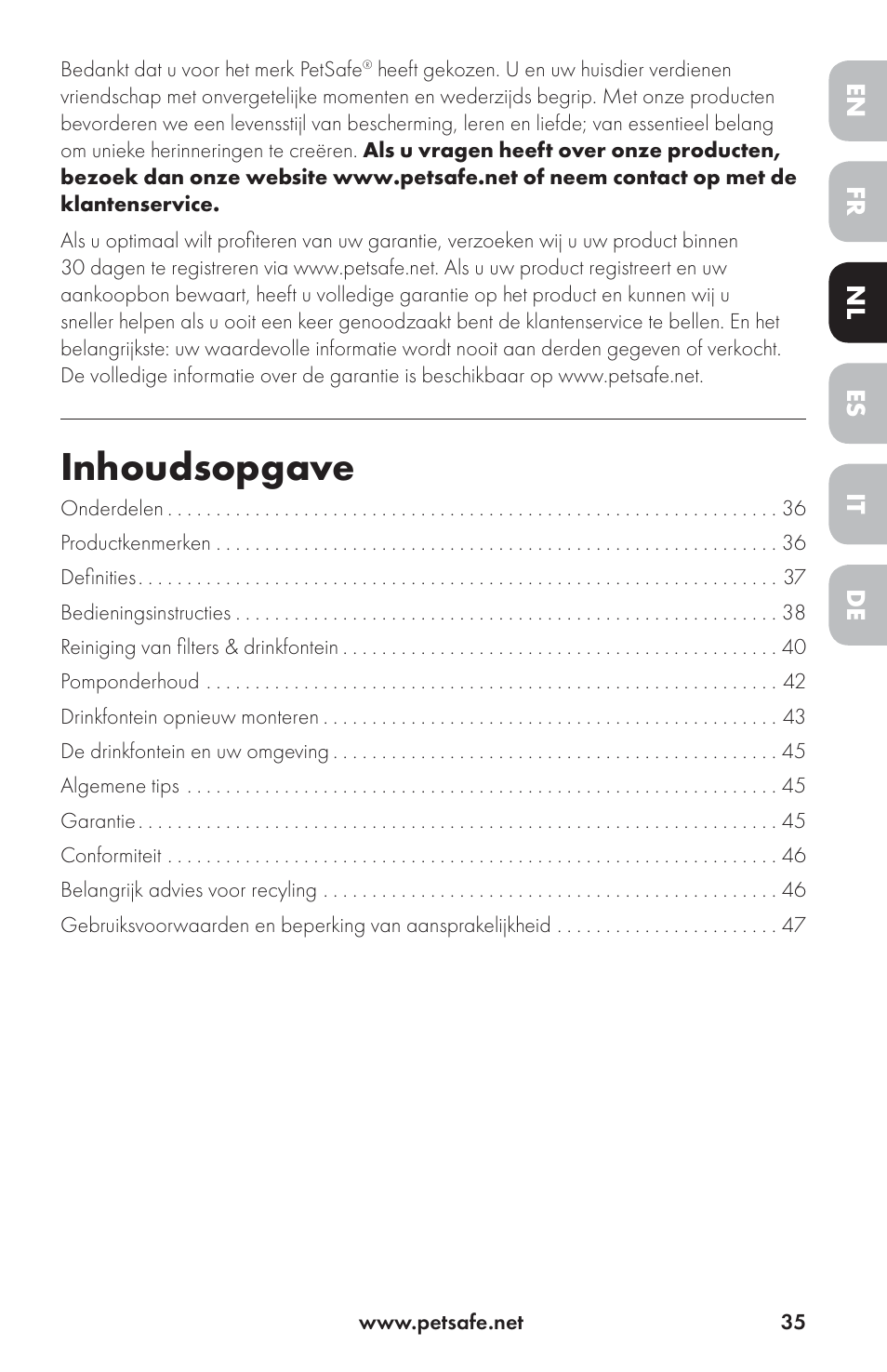 Inhoudsopgave | Petsafe Drinkwell® Ceramic Avalon Pet Fountain User Manual | Page 35 / 96
