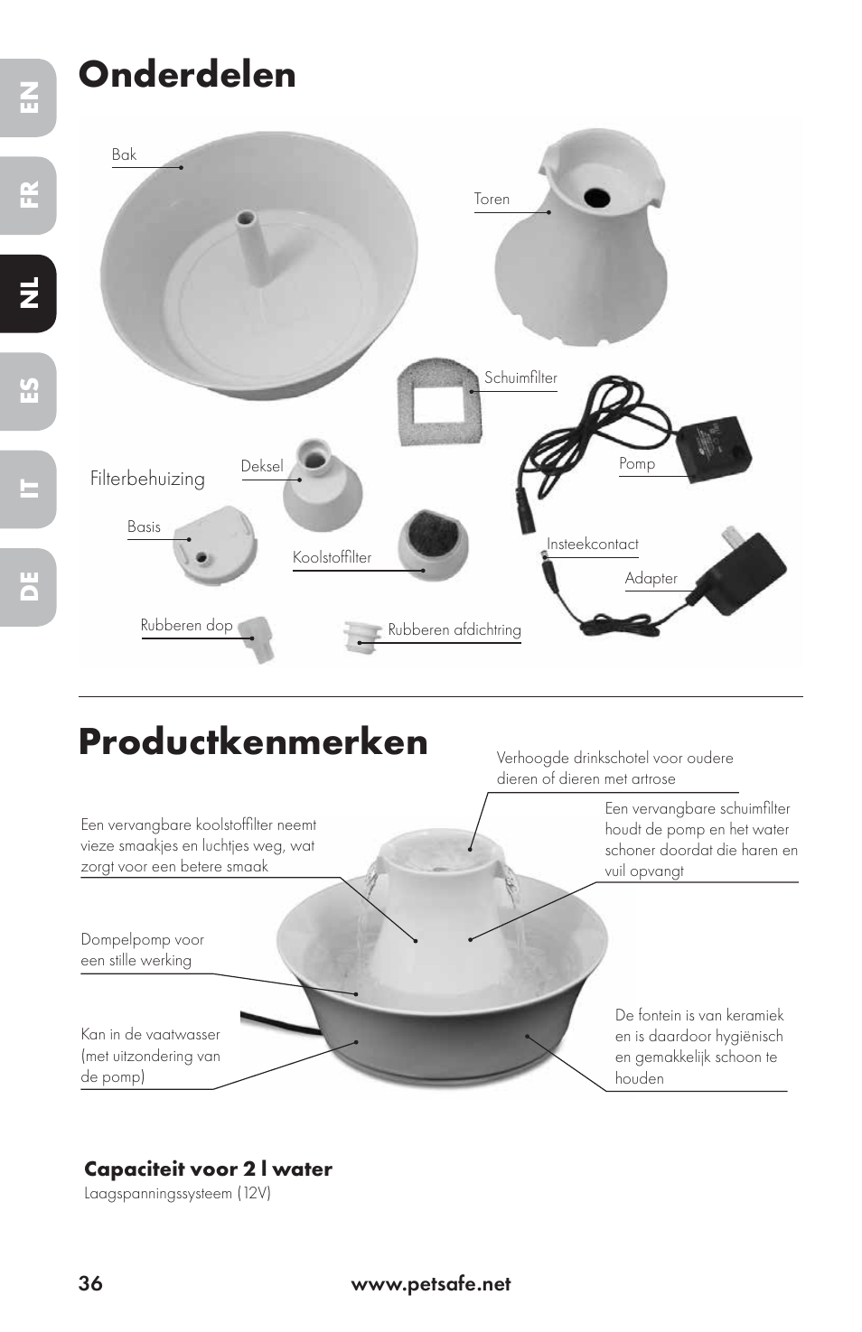 Onderdelen productkenmerken, En es fr it nl de | Petsafe Drinkwell® Ceramic Avalon Pet Fountain User Manual | Page 36 / 96