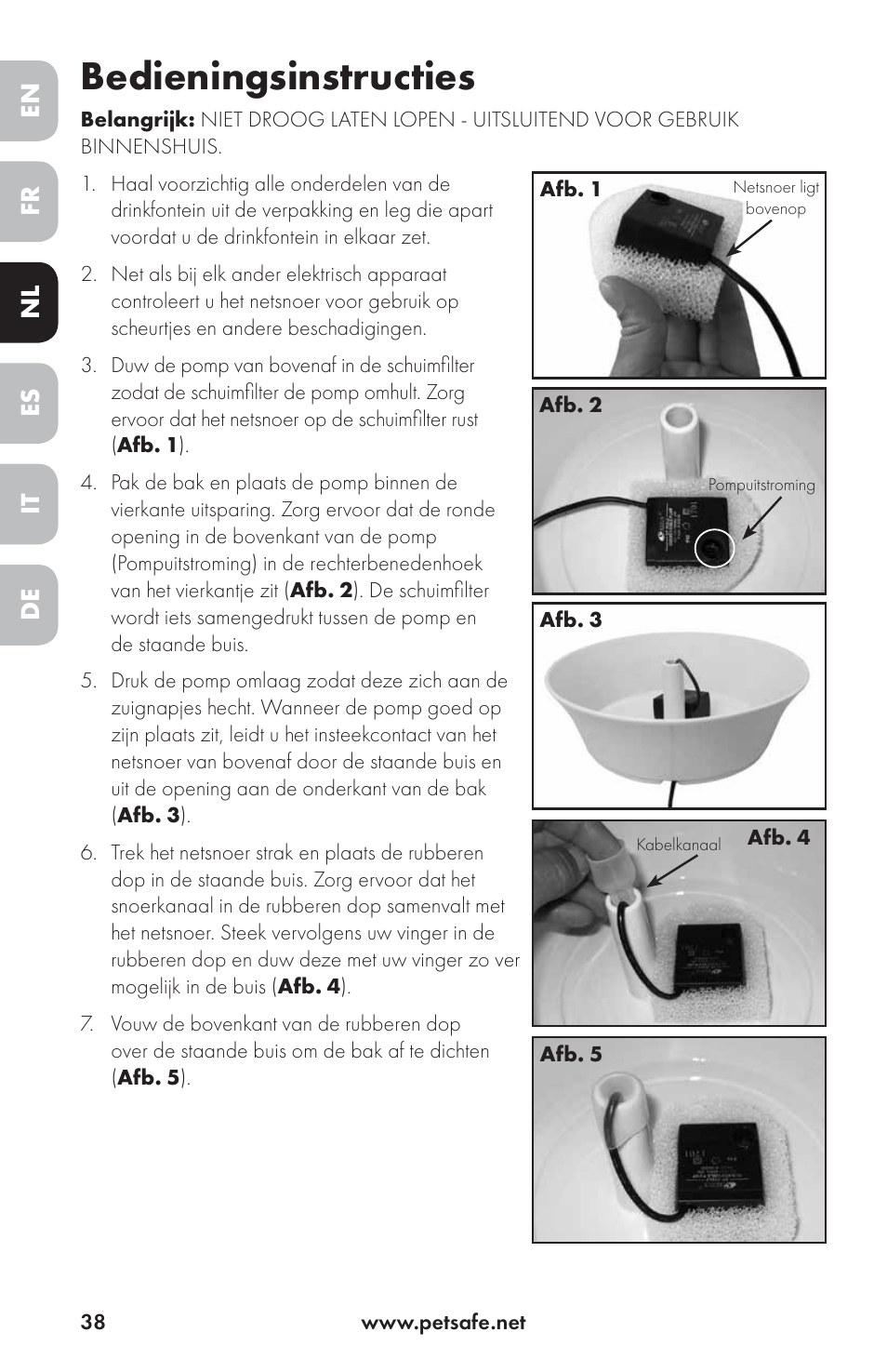 Bedieningsinstructies, En es fr it nl de | Petsafe Drinkwell® Ceramic Avalon Pet Fountain User Manual | Page 38 / 96