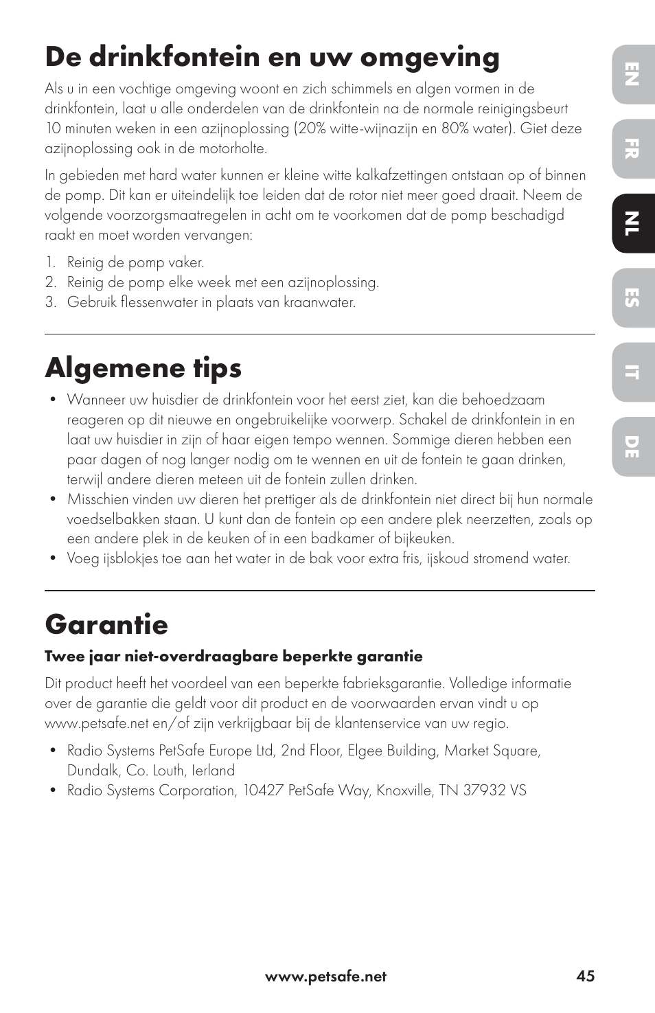 De drinkfontein en uw omgeving, Algemene tips, Garantie | Petsafe Drinkwell® Ceramic Avalon Pet Fountain User Manual | Page 45 / 96