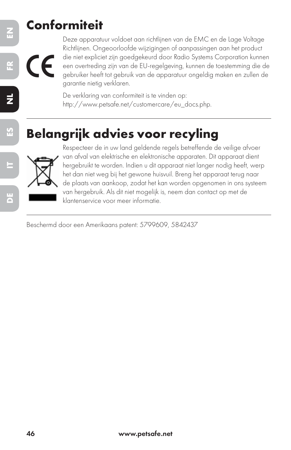 Conformiteit, Belangrijk advies voor recyling | Petsafe Drinkwell® Ceramic Avalon Pet Fountain User Manual | Page 46 / 96