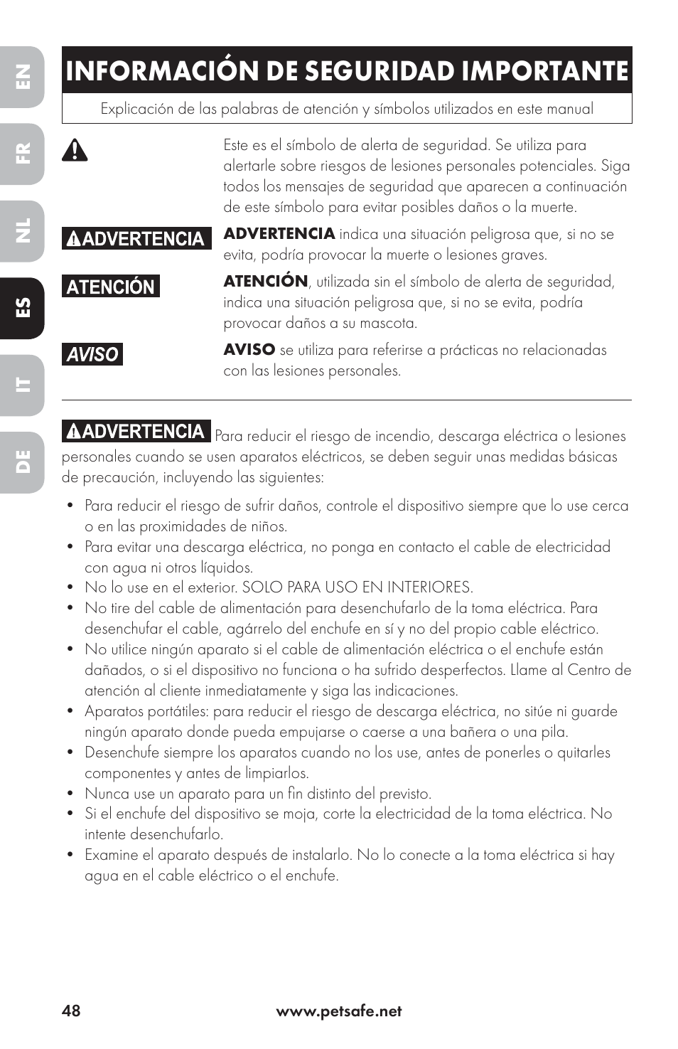 Información de seguridad importante | Petsafe Drinkwell® Ceramic Avalon Pet Fountain User Manual | Page 48 / 96