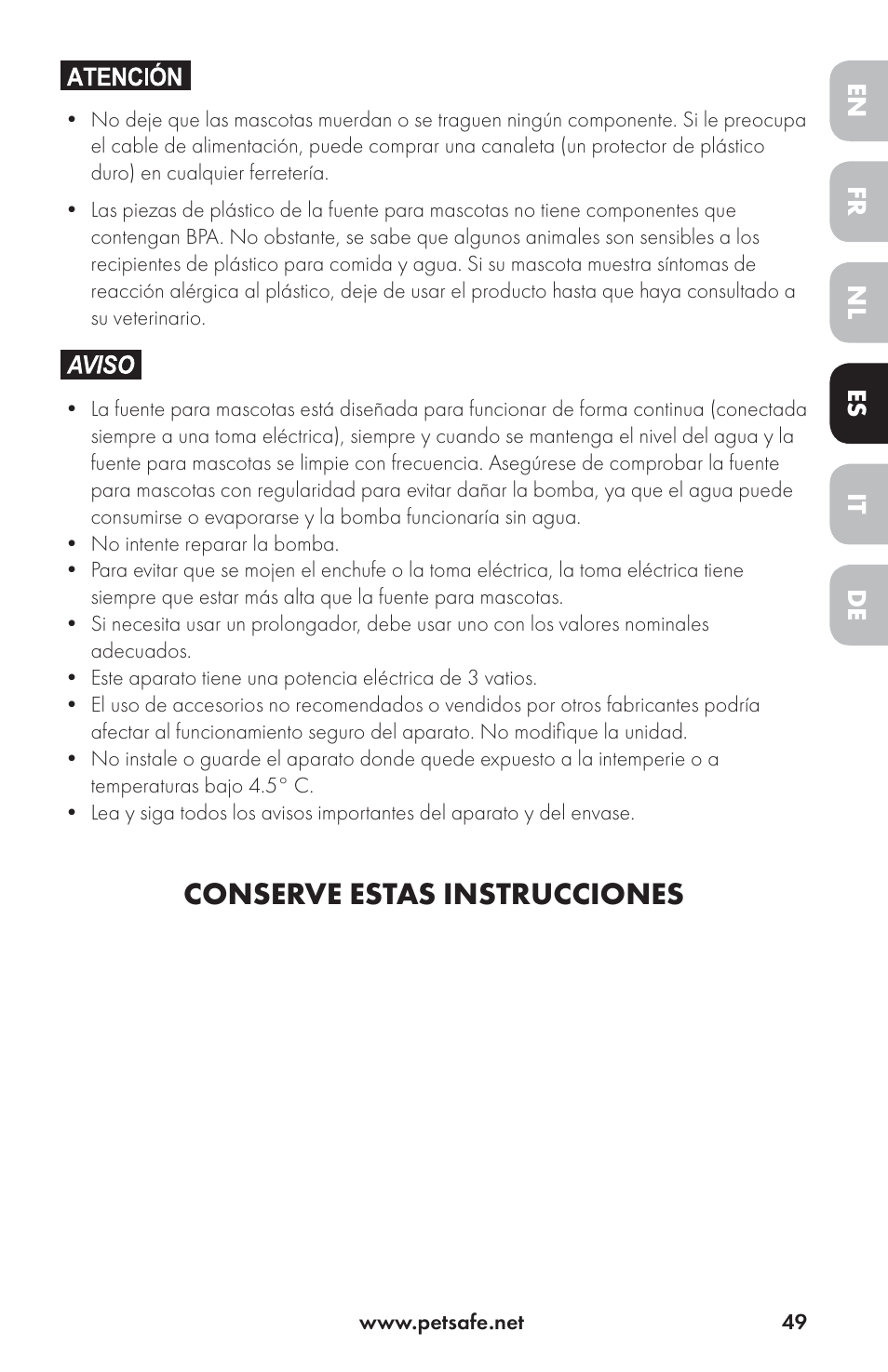 Conserve estas instrucciones | Petsafe Drinkwell® Ceramic Avalon Pet Fountain User Manual | Page 49 / 96