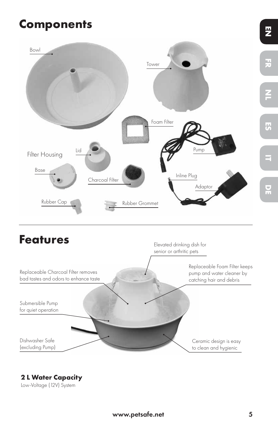 Components features, Fr it nl de en es | Petsafe Drinkwell® Ceramic Avalon Pet Fountain User Manual | Page 5 / 96