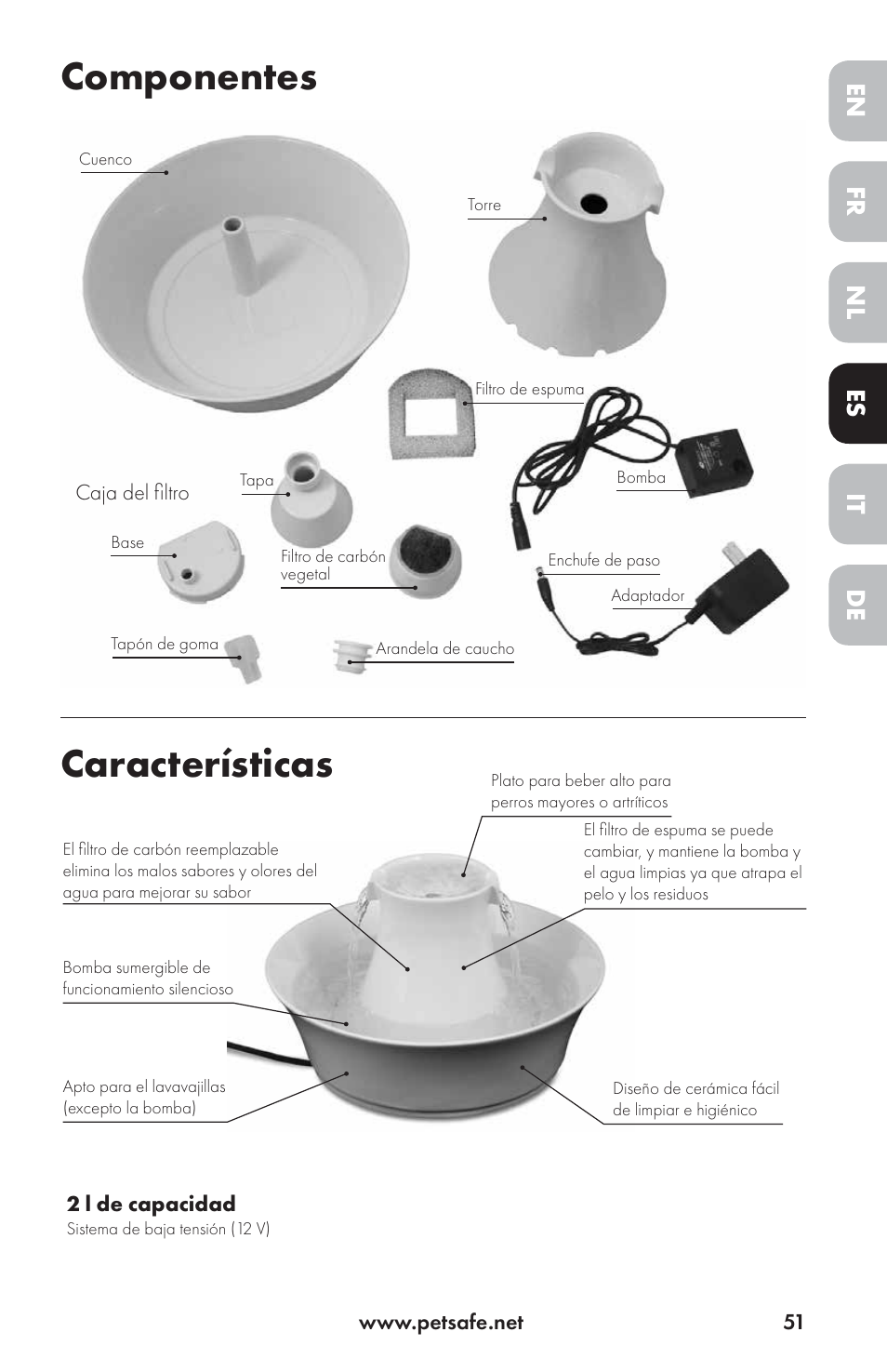Componentes características, Fr it nl de en es | Petsafe Drinkwell® Ceramic Avalon Pet Fountain User Manual | Page 51 / 96