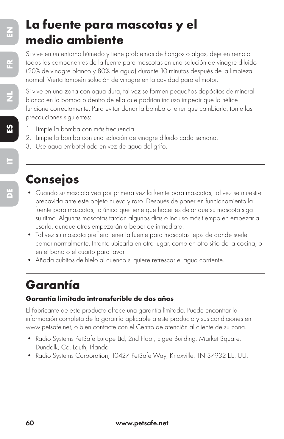 La fuente para mascotas y el medio ambiente, Consejos, Garantía | Petsafe Drinkwell® Ceramic Avalon Pet Fountain User Manual | Page 60 / 96