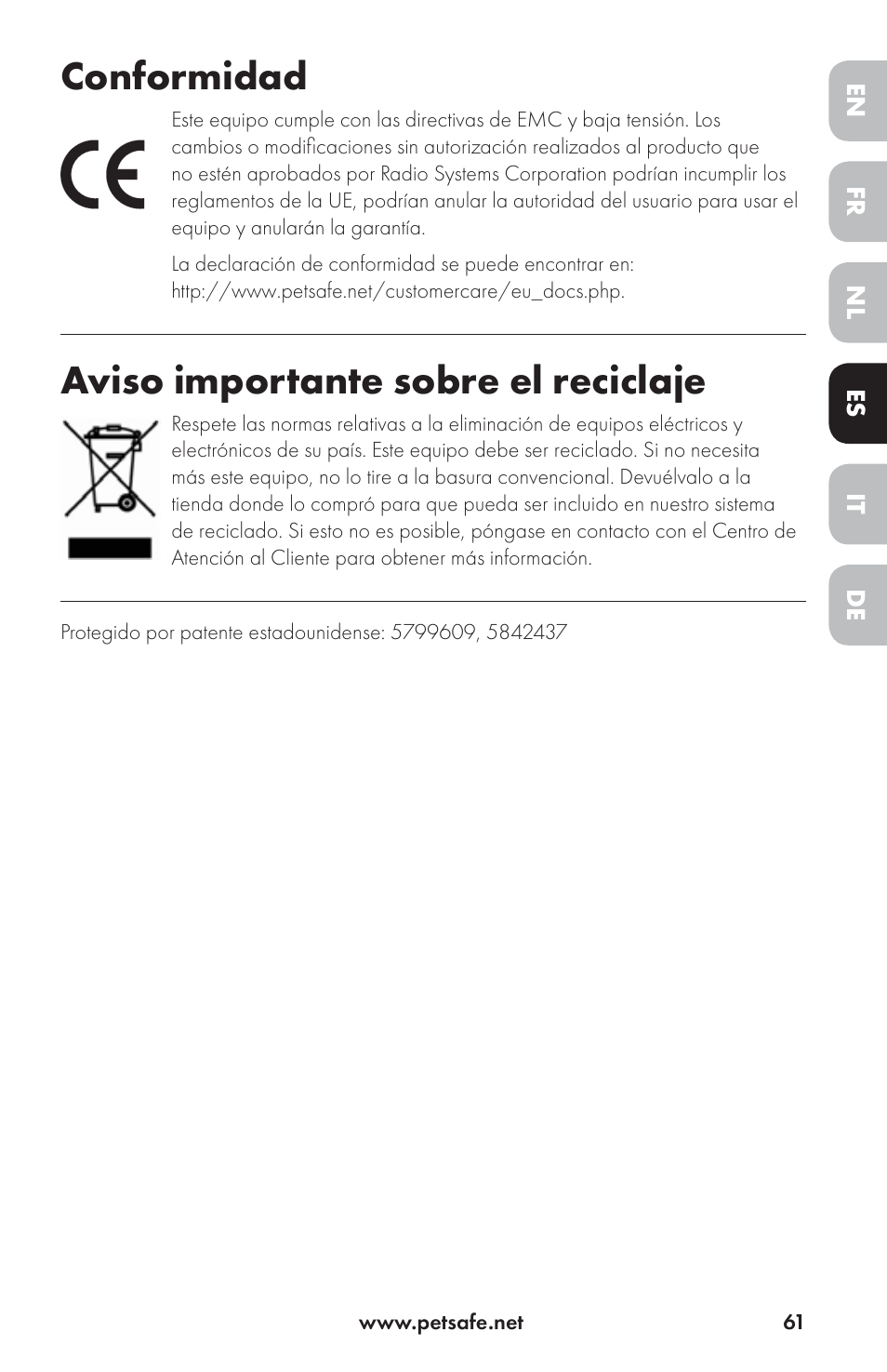 Conformidad, Aviso importante sobre el reciclaje | Petsafe Drinkwell® Ceramic Avalon Pet Fountain User Manual | Page 61 / 96