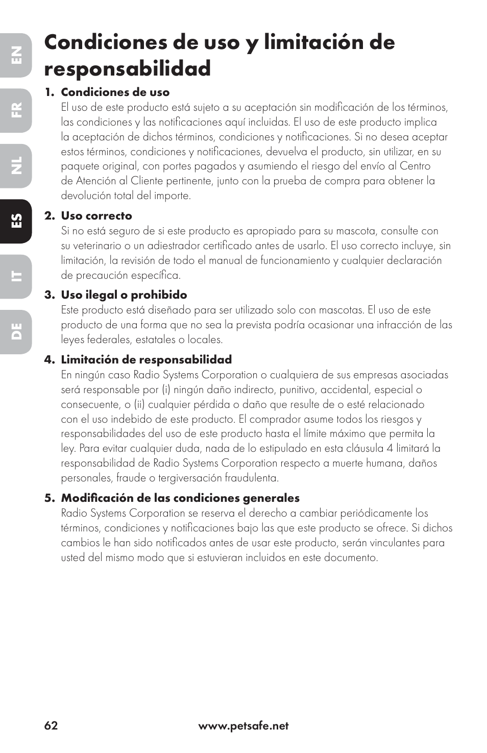 Condiciones de uso y limitación de responsabilidad | Petsafe Drinkwell® Ceramic Avalon Pet Fountain User Manual | Page 62 / 96