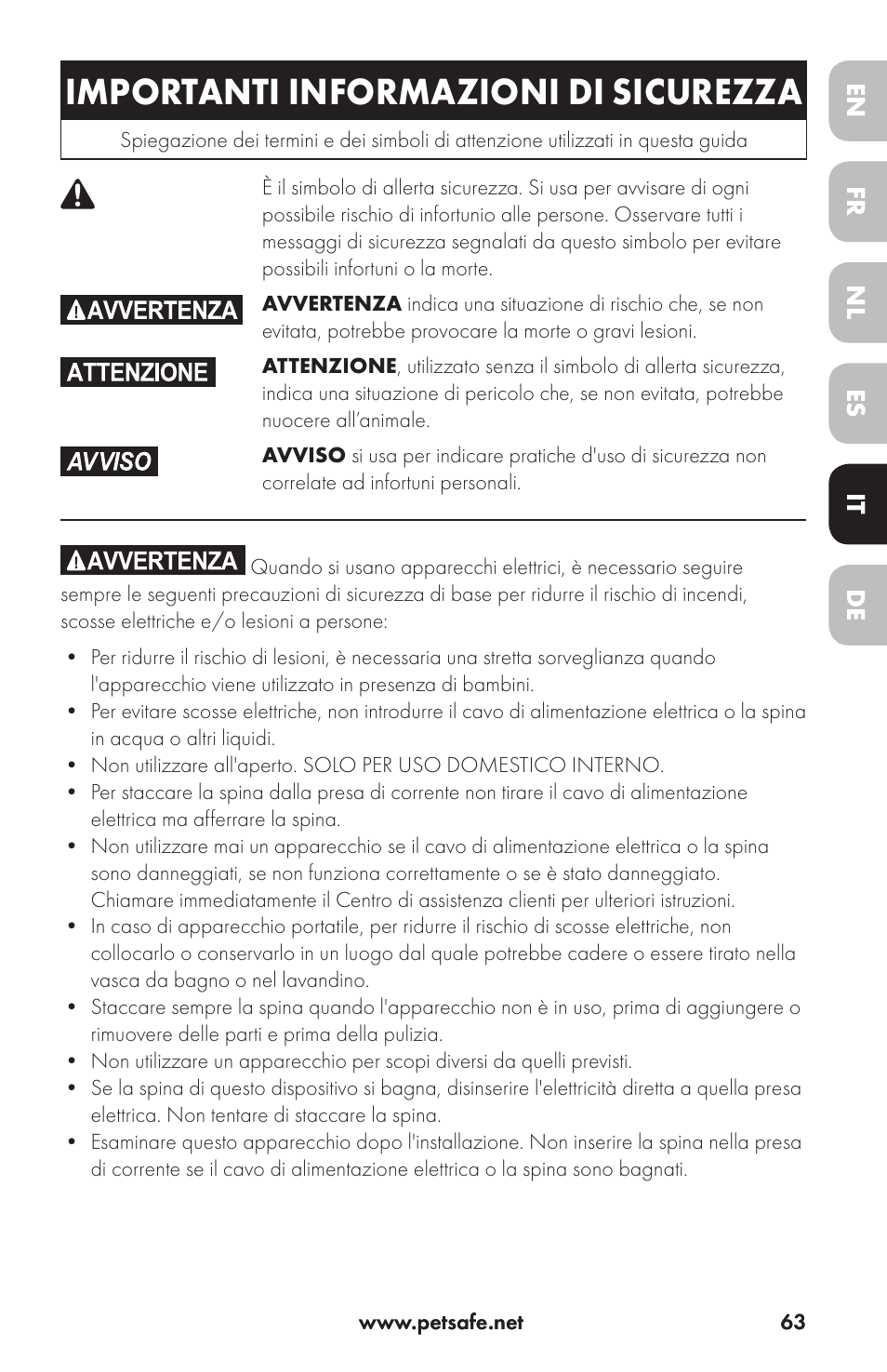 Importanti informazioni di sicurezza | Petsafe Drinkwell® Ceramic Avalon Pet Fountain User Manual | Page 63 / 96