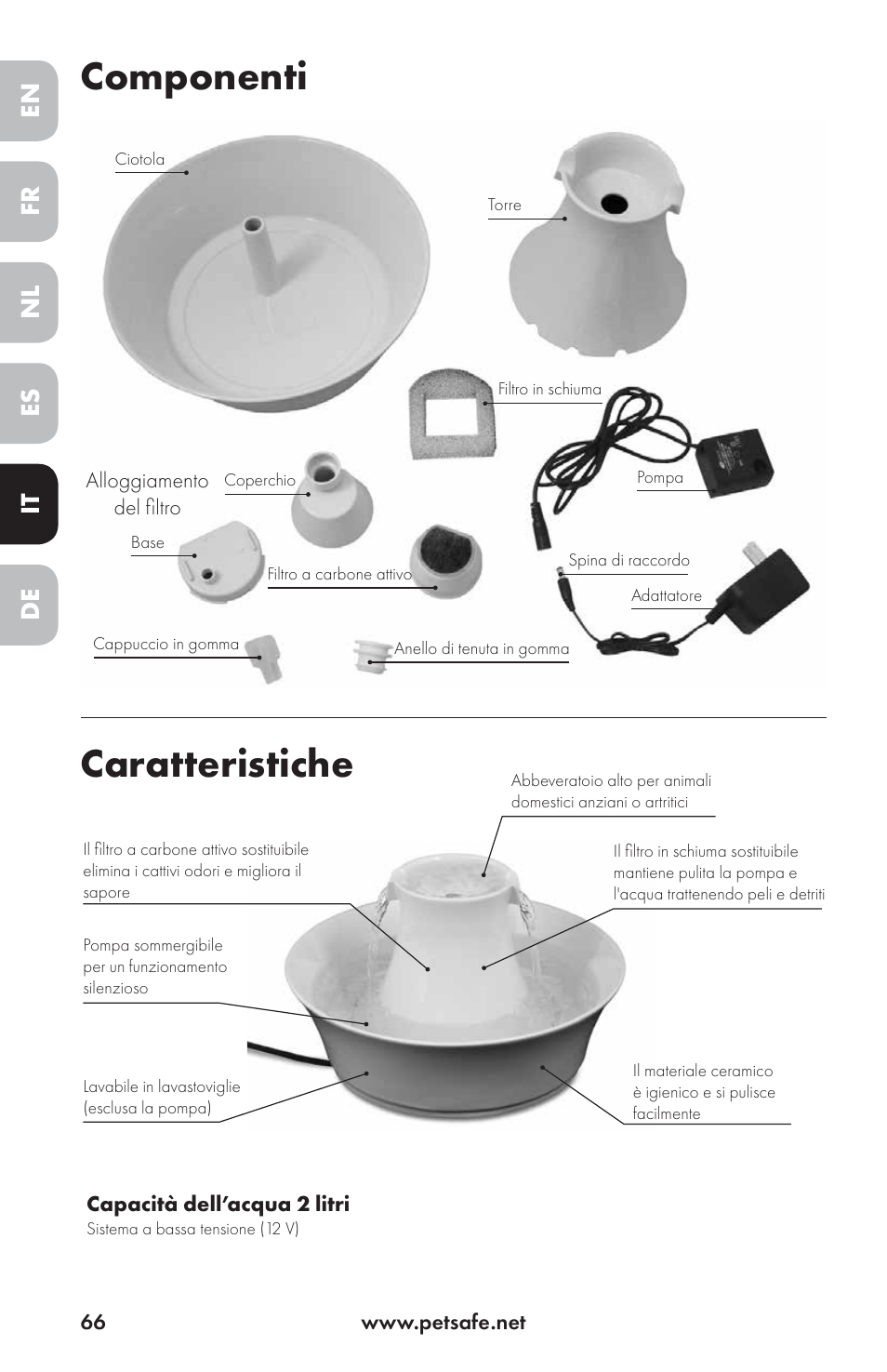 Componenti caratteristiche, En es fr it nl de | Petsafe Drinkwell® Ceramic Avalon Pet Fountain User Manual | Page 66 / 96