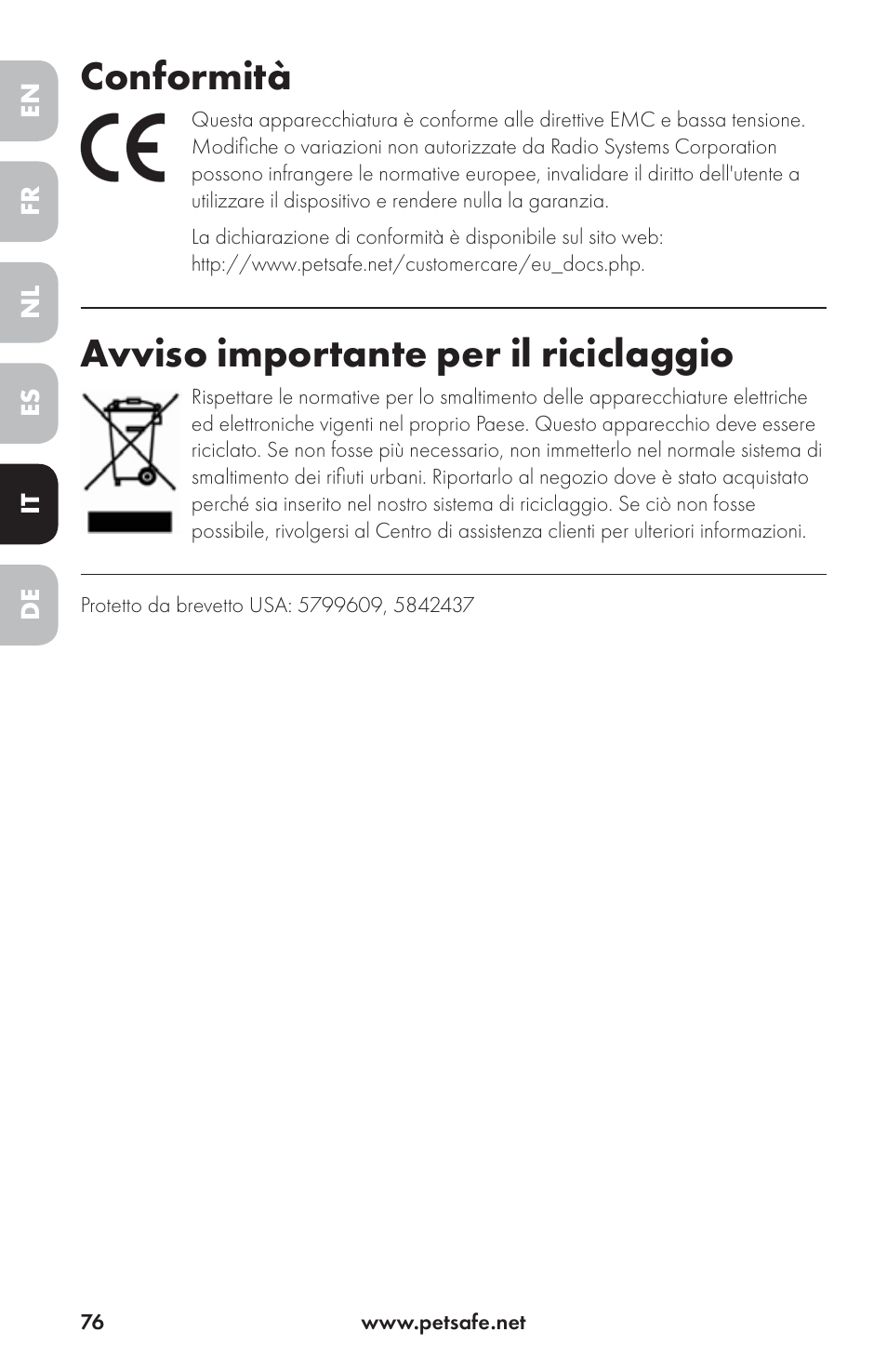 Conformità, Avviso importante per il riciclaggio | Petsafe Drinkwell® Ceramic Avalon Pet Fountain User Manual | Page 76 / 96
