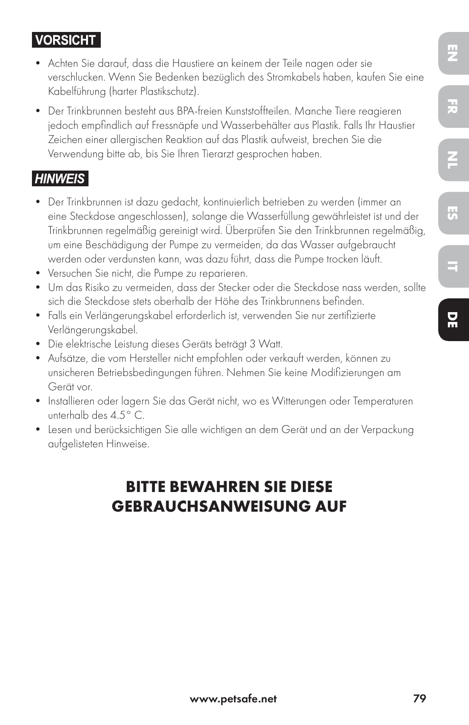 Bitte bewahren sie diese gebrauchsanweisung auf | Petsafe Drinkwell® Ceramic Avalon Pet Fountain User Manual | Page 79 / 96
