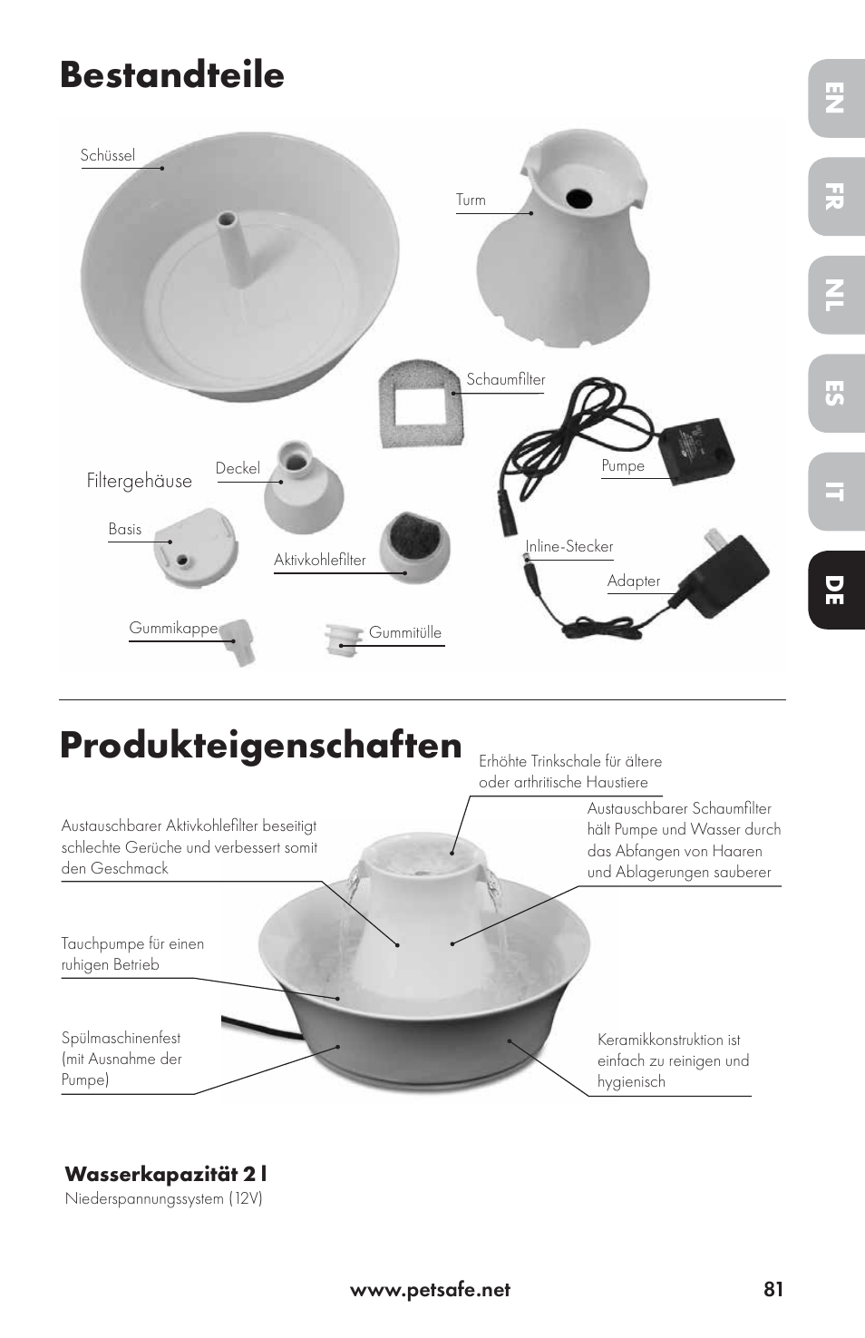 Bestandteile produkteigenschaften, Fr it nl de en es | Petsafe Drinkwell® Ceramic Avalon Pet Fountain User Manual | Page 81 / 96