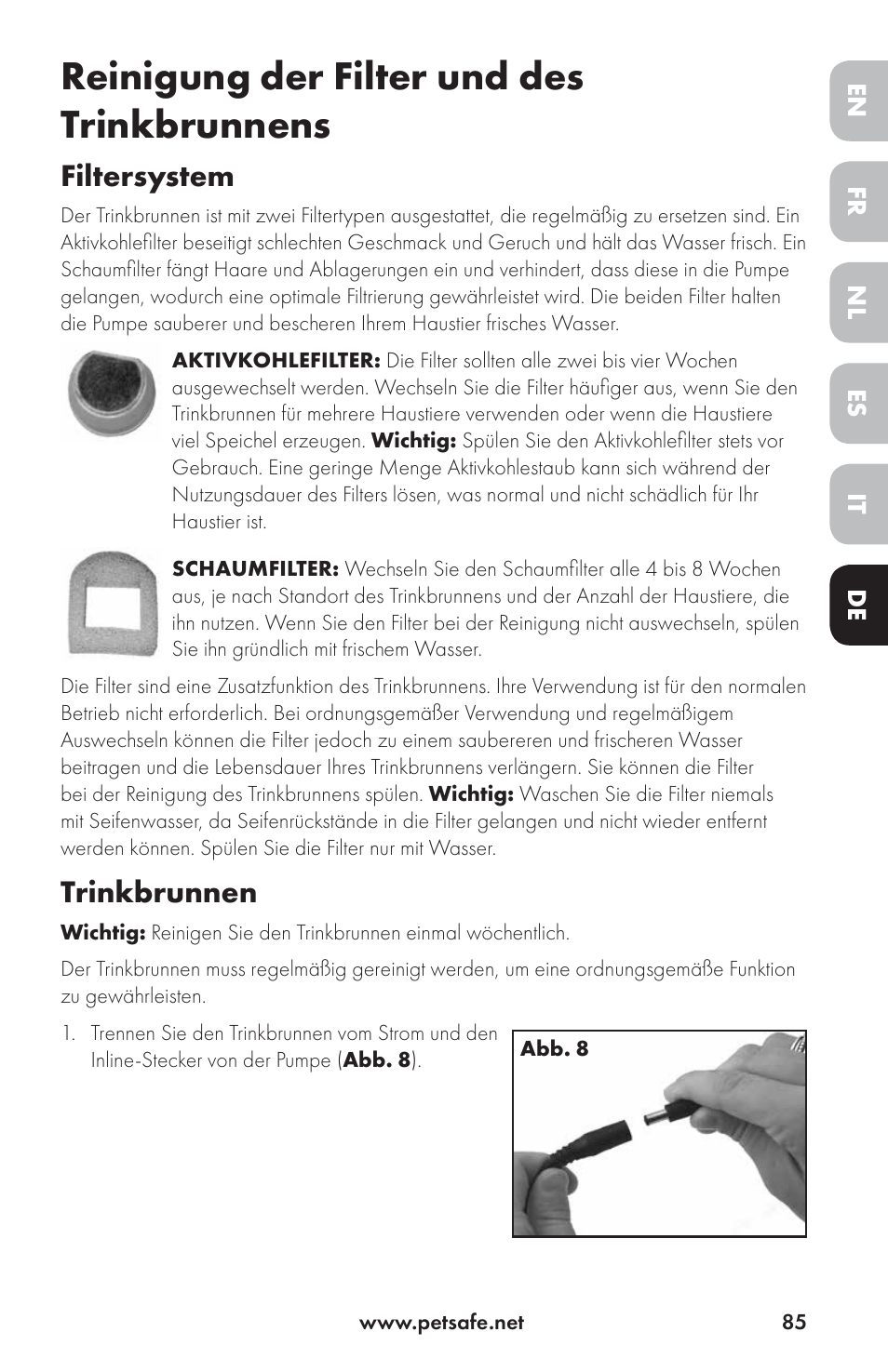 Reinigung der filter und des trinkbrunnens, Filtersystem, Trinkbrunnen | Petsafe Drinkwell® Ceramic Avalon Pet Fountain User Manual | Page 85 / 96
