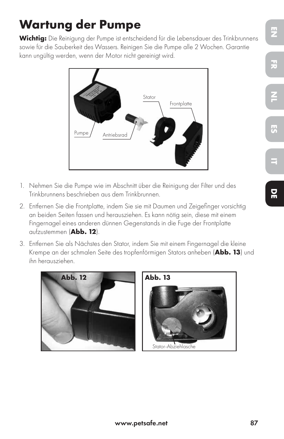 Wartung der pumpe | Petsafe Drinkwell® Ceramic Avalon Pet Fountain User Manual | Page 87 / 96
