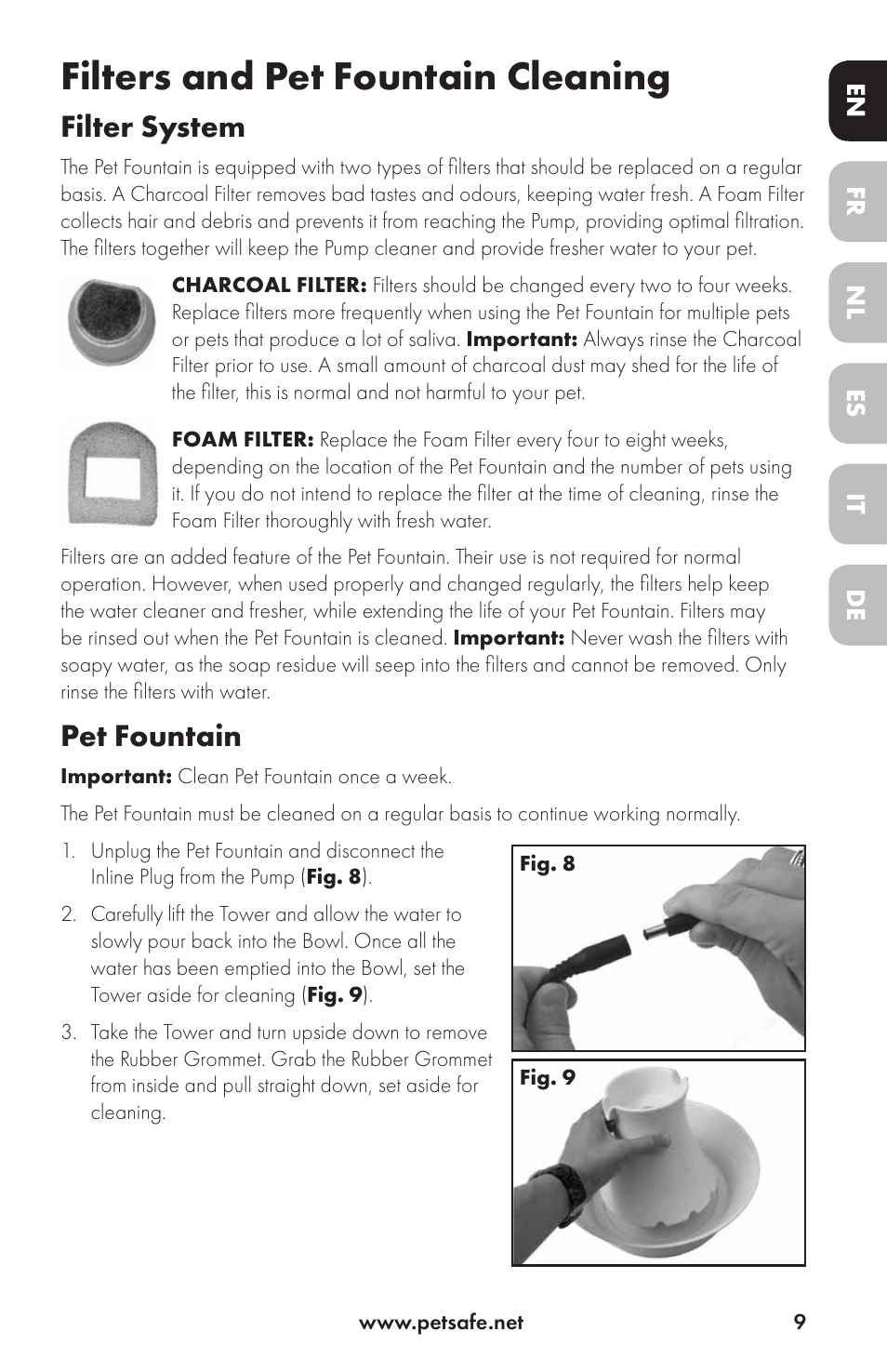 Filters and pet fountain cleaning, Filter system, Pet fountain | Petsafe Drinkwell® Ceramic Avalon Pet Fountain User Manual | Page 9 / 96