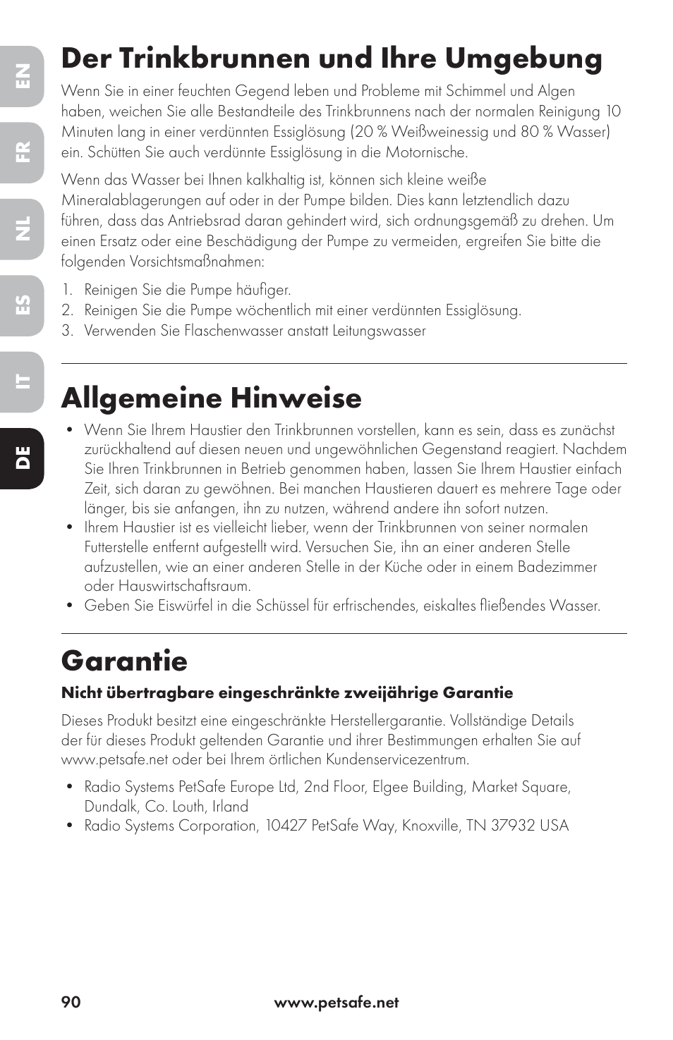 Der trinkbrunnen und ihre umgebung, Allgemeine hinweise, Garantie | Petsafe Drinkwell® Ceramic Avalon Pet Fountain User Manual | Page 90 / 96