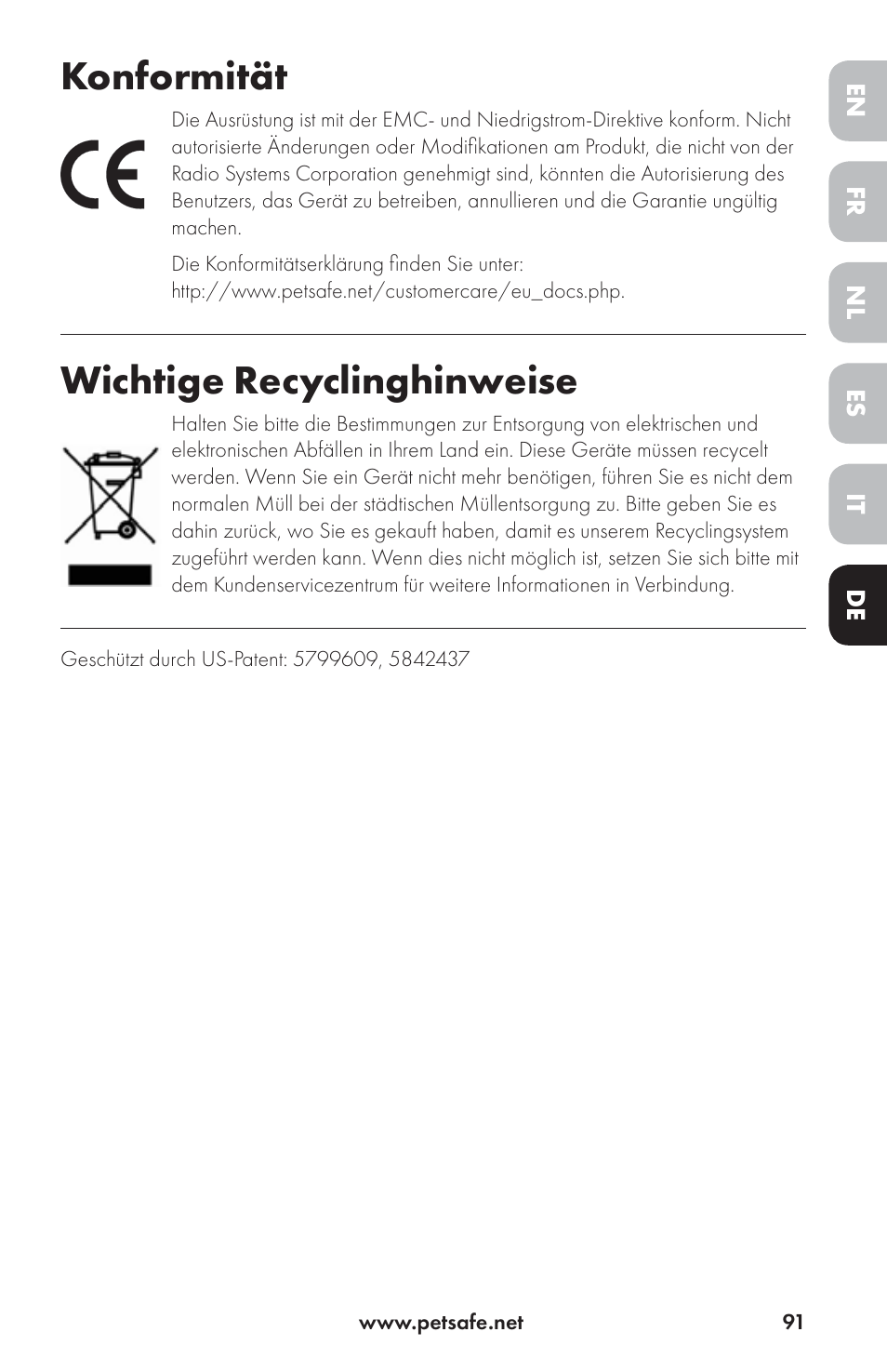 Konformität, Wichtige recyclinghinweise | Petsafe Drinkwell® Ceramic Avalon Pet Fountain User Manual | Page 91 / 96