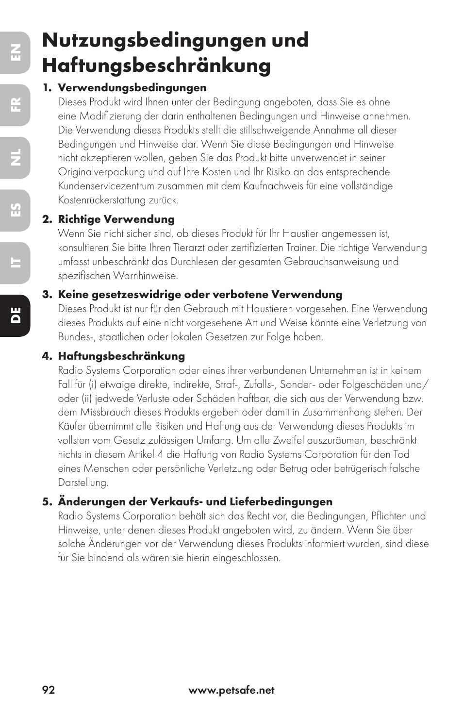 Nutzungsbedingungen und haftungsbeschränkung | Petsafe Drinkwell® Ceramic Avalon Pet Fountain User Manual | Page 92 / 96