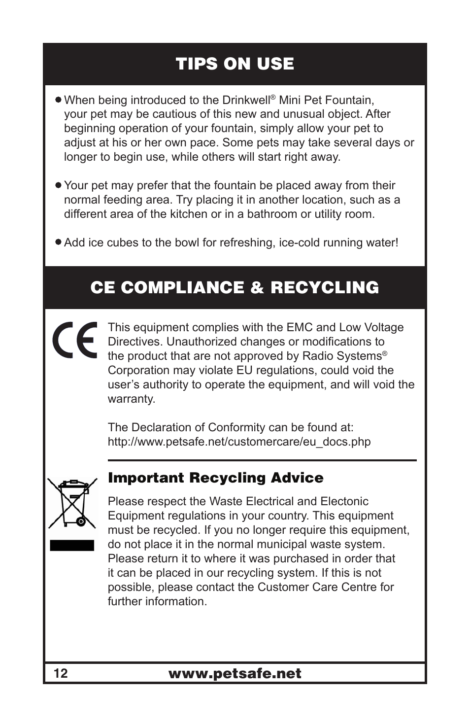 Tips on use, Ce compliance & recycling, Important recycling advice | Petsafe Drinkwell® Mini Pet Fountain User Manual | Page 12 / 73