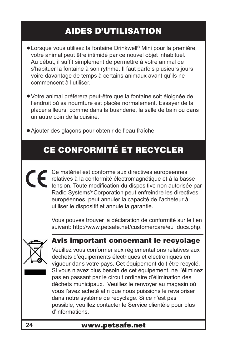 Aides d’utilisation, Ce conformité et recycler, Avis important concernant le recyclage | Petsafe Drinkwell® Mini Pet Fountain User Manual | Page 24 / 73