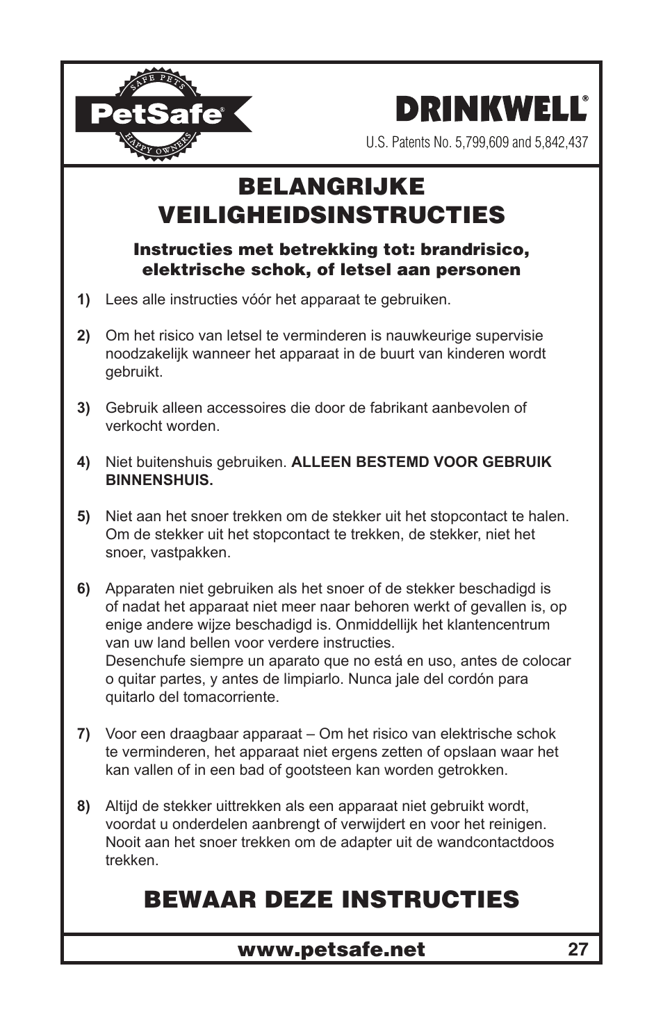 Belangrijke veiligheidsinstructies, Bewaar deze instructies | Petsafe Drinkwell® Mini Pet Fountain User Manual | Page 27 / 73